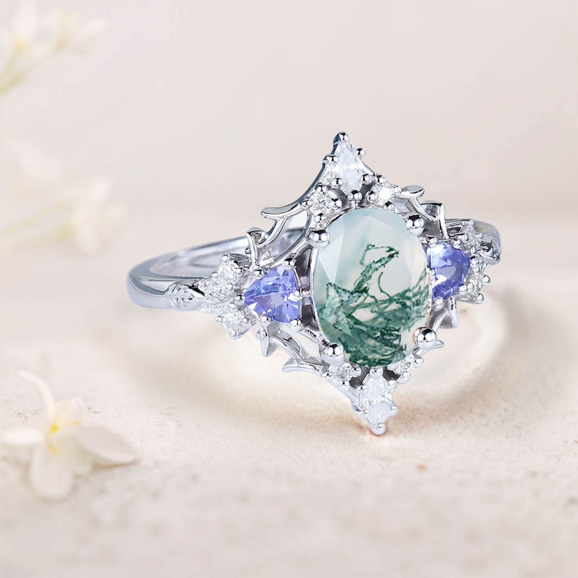 Vintage Briar Rose Oval Moss Agate Engagement Ring Filigree Ring - Oore Jewelry