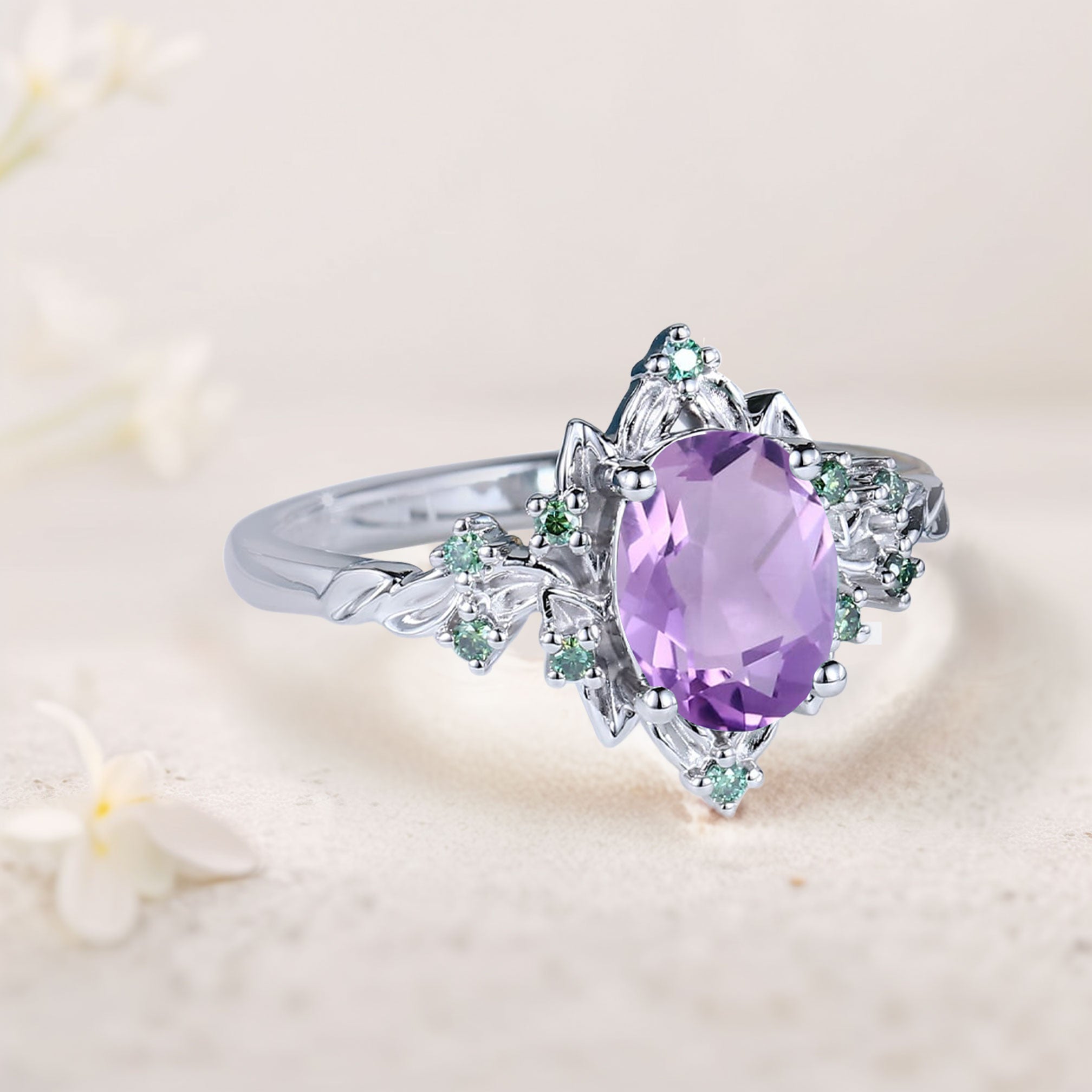 Vintage Briar Rose Halo Oval Amethyst Engagement Ring Olive Leaves Ring - Oore Jewelry