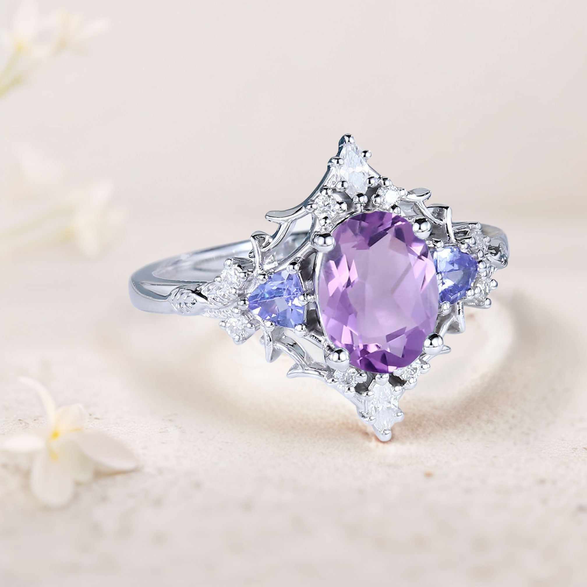 Vintage Briar Rose Oval Amethyst Engagement Ring Filigree Ring - Oore Jewelry