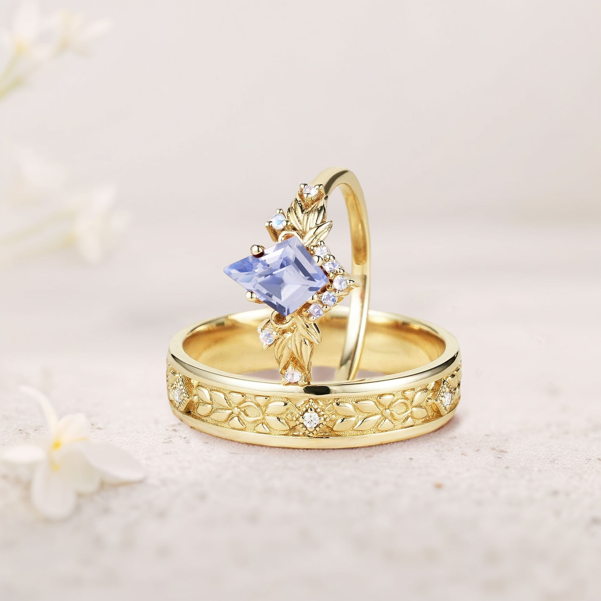 Vintage Kite Lab Sapphire Promise Ring Engagement Ring Set for Couples - Oore Jewelry