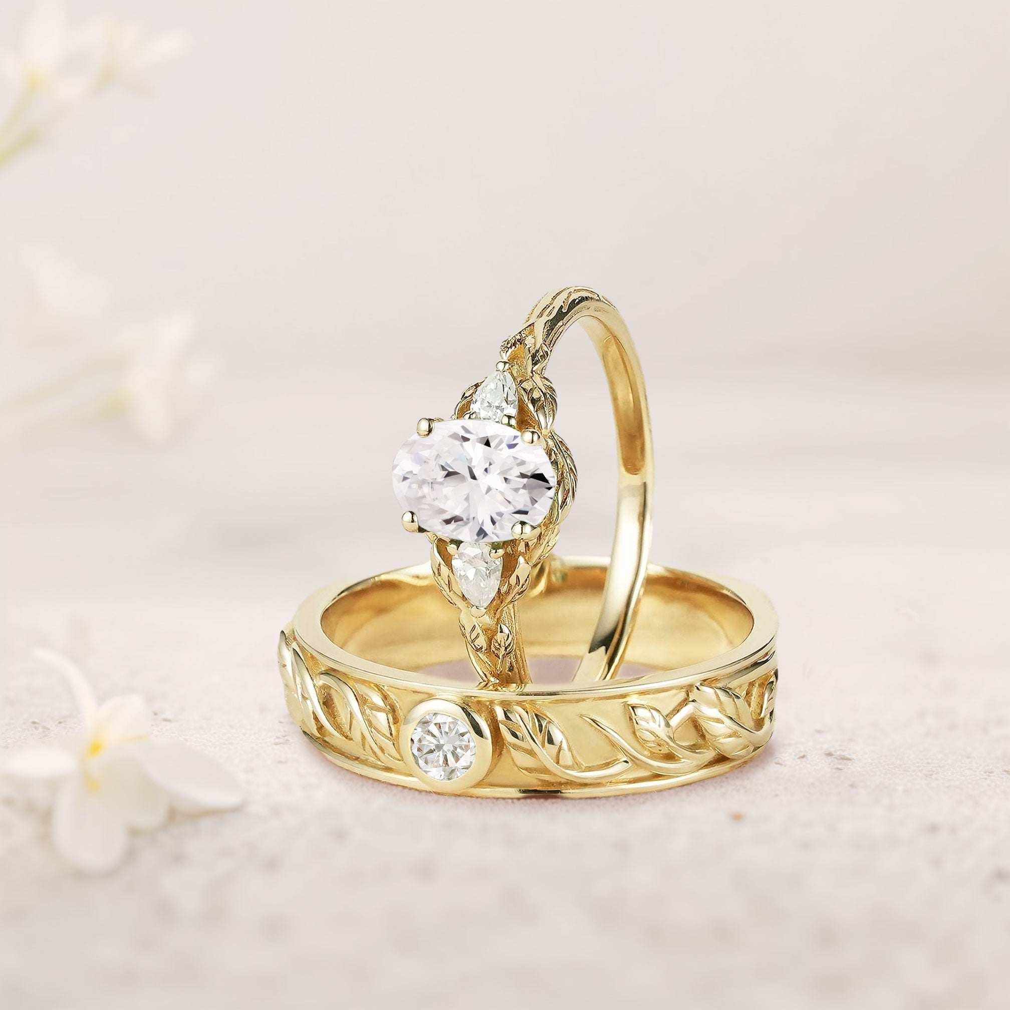 Unique Leaf Design Oval Moissanite Wedding Ring Promise Ring for Couples - Oore Jewelry