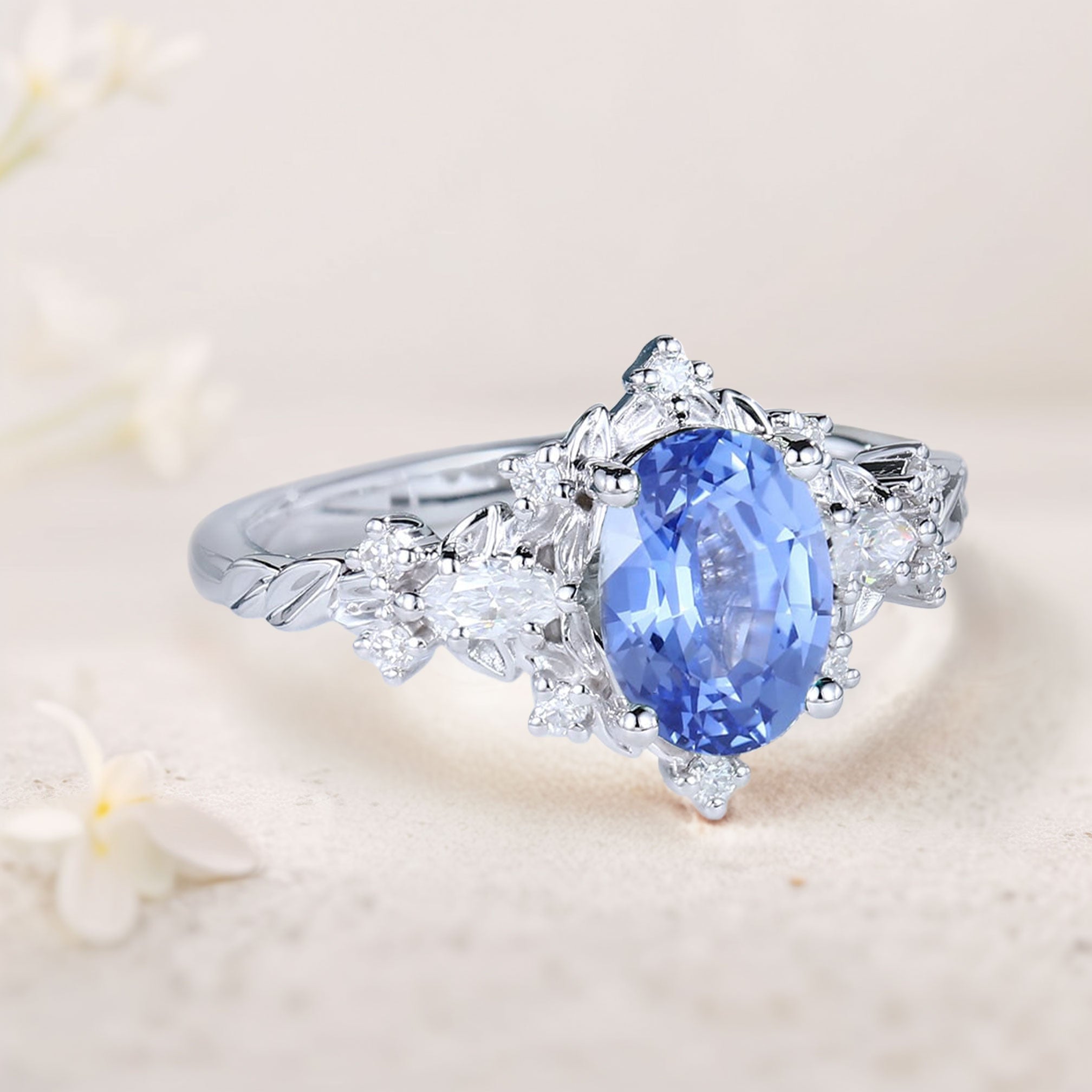 Vintage Briar Rose Oval Lab Sapphire Engagement Ring Vine Ring - Oore Jewelry