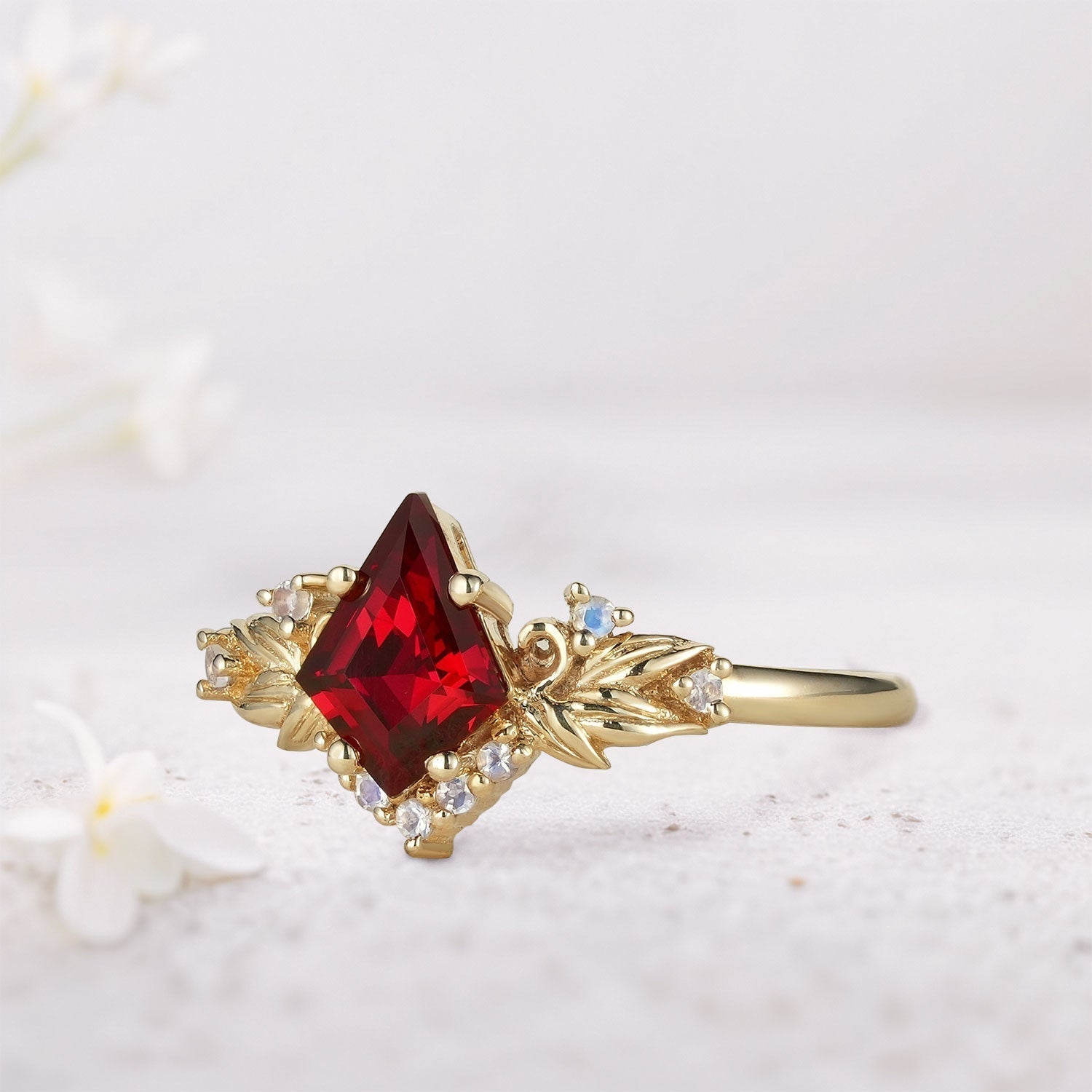 Unique Kite Lab Ruby and Lab Moonstone Cluster Leaf Ring - Oore Jewelry