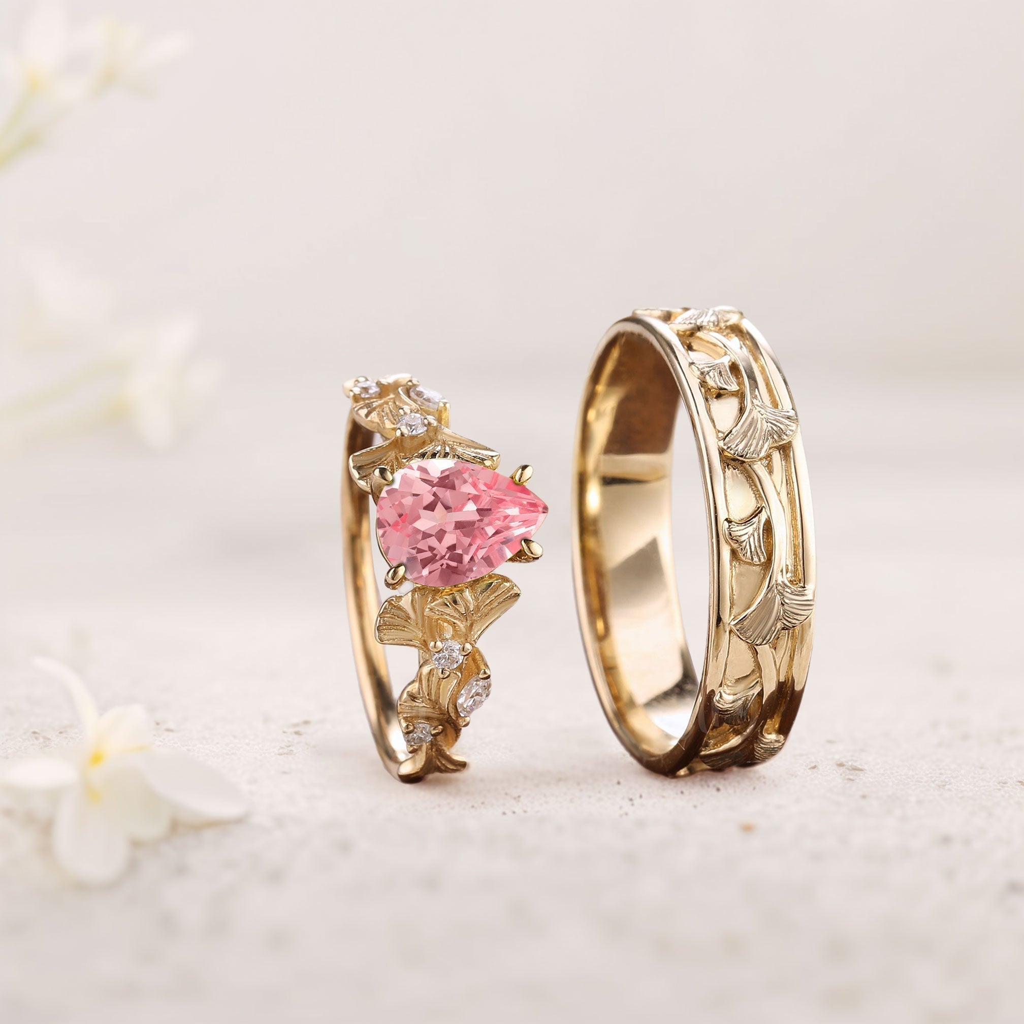 Vintage Pear Lab Padparadscha Engagement Couples Ring Set For Wedding Gift - Oore Jewelry