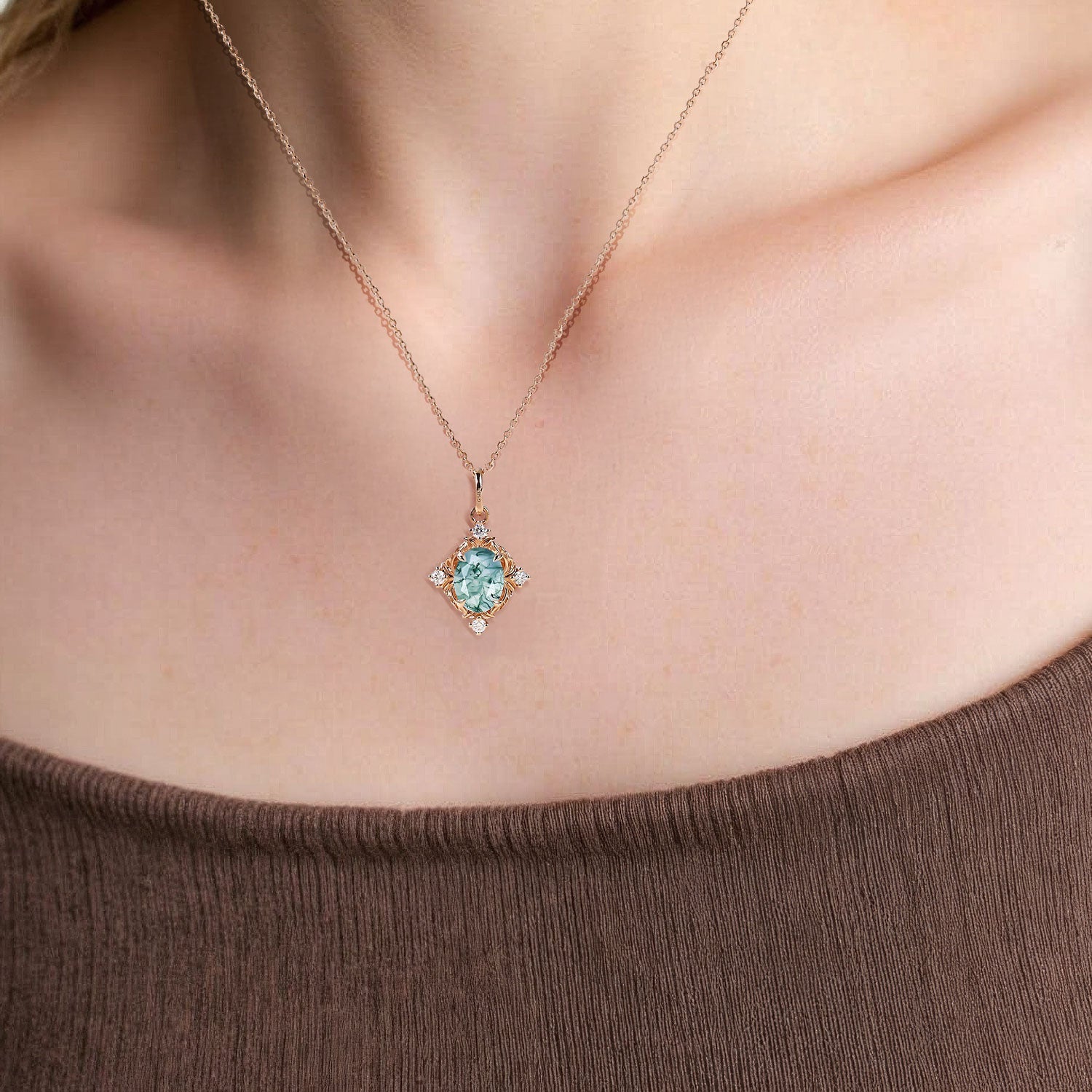 Unique LoveNest Oval Moss Agate Art Nouveau Pendant Necklace - Oore Jewelry