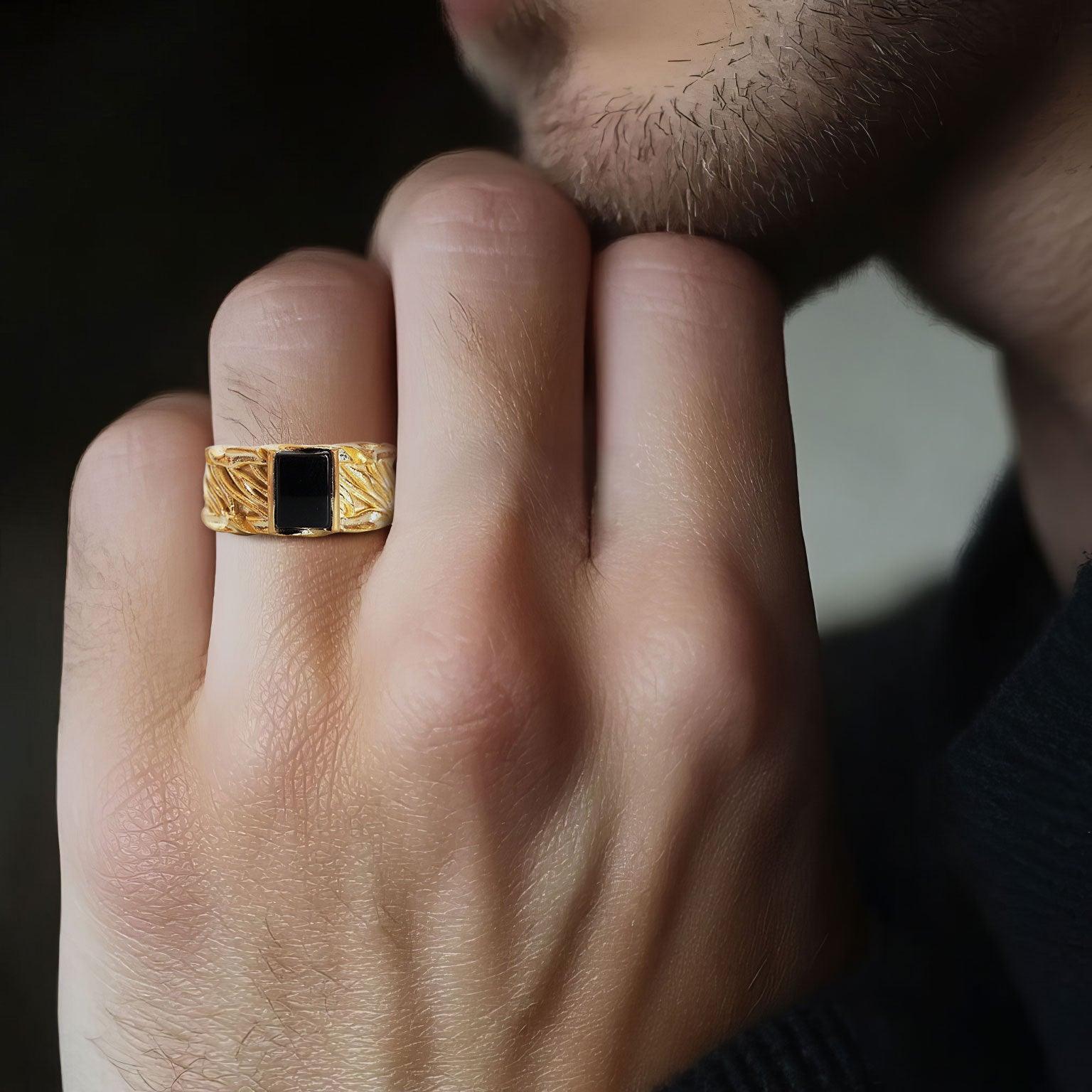 Unique Byzantine Rectangle Lab Black Onyx Ring Band For Men - Oore Jewelry