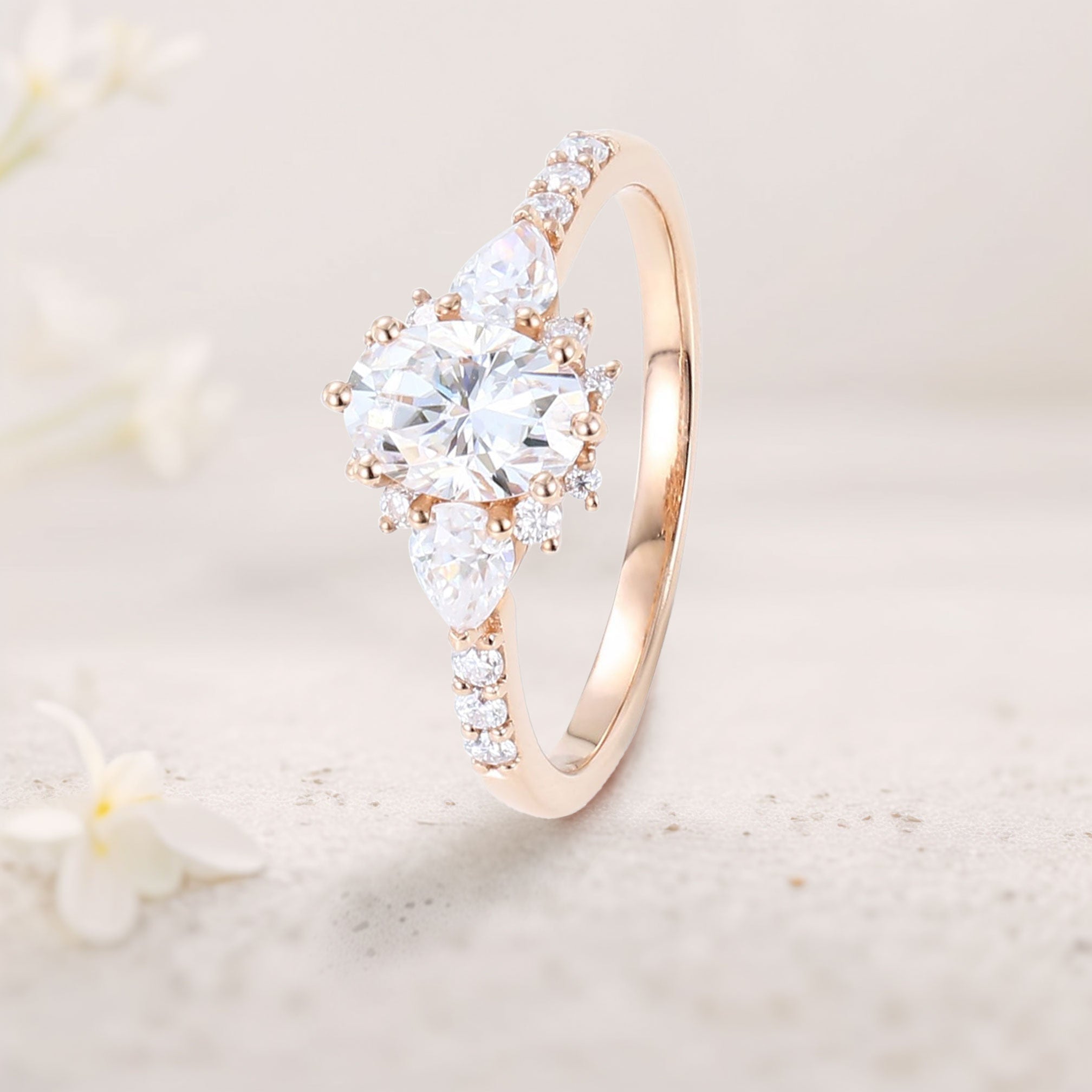 Unique Halo Oval Moissanite Engagement Ring Bridal Ring - Oore Jewelry