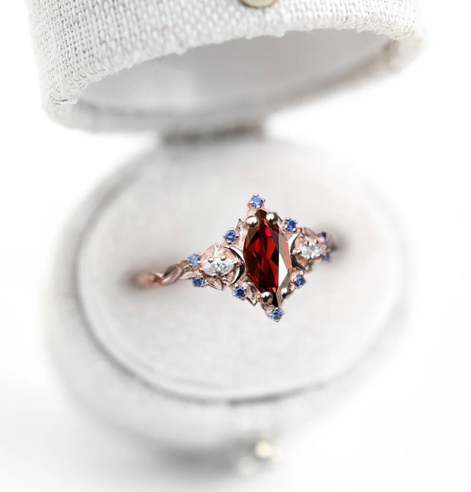 Unique Briar Moon Marquise Garnet and Lab Blue Sapphire Anniversary Ring - Oore Jewelry