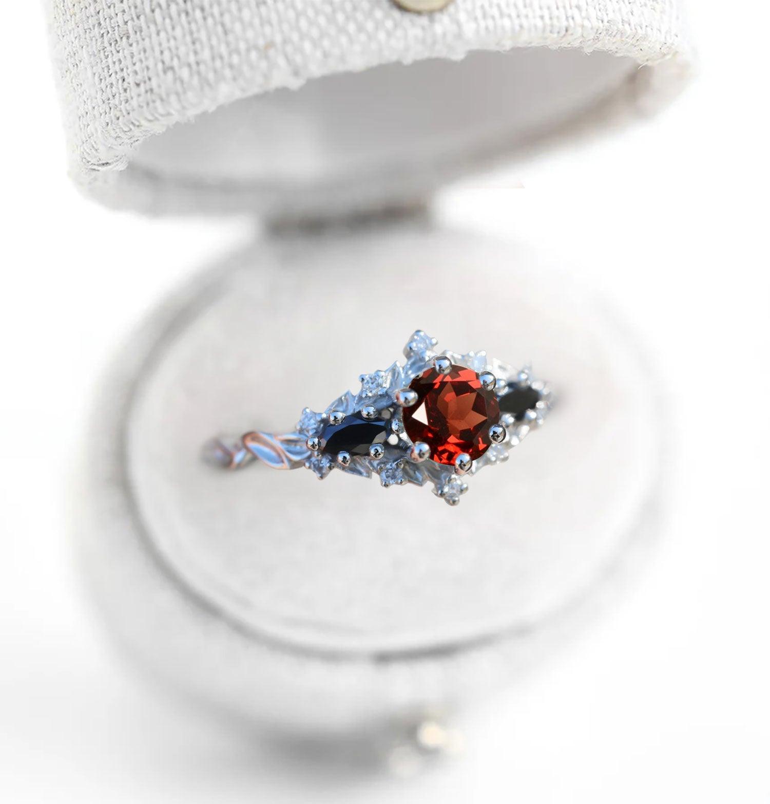 Unique Briar Rose Round Lab Garnet and Black Moissanite Ring - Oore Jewelry