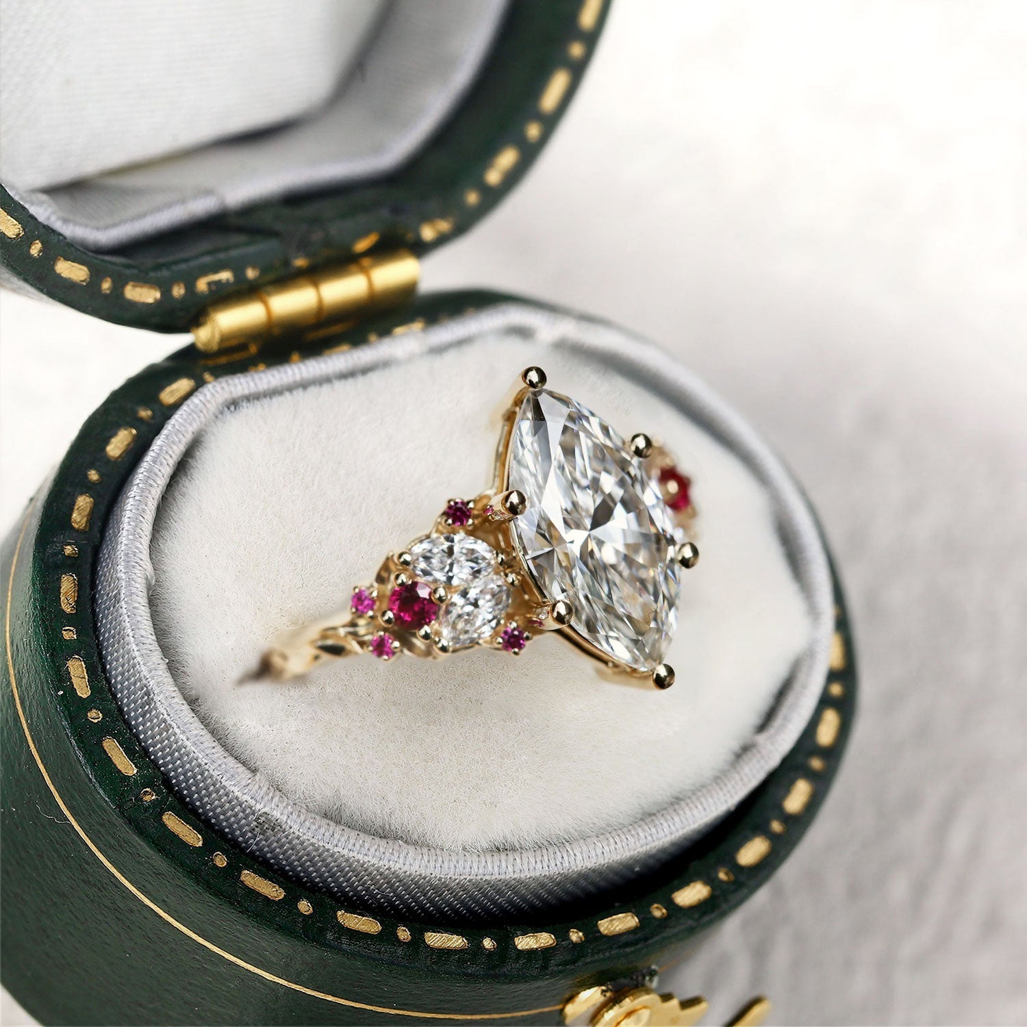 Unique Enchanted Garden Marquise Moissanite and Lab Ruby Engagement Ring - Oore Jewelry