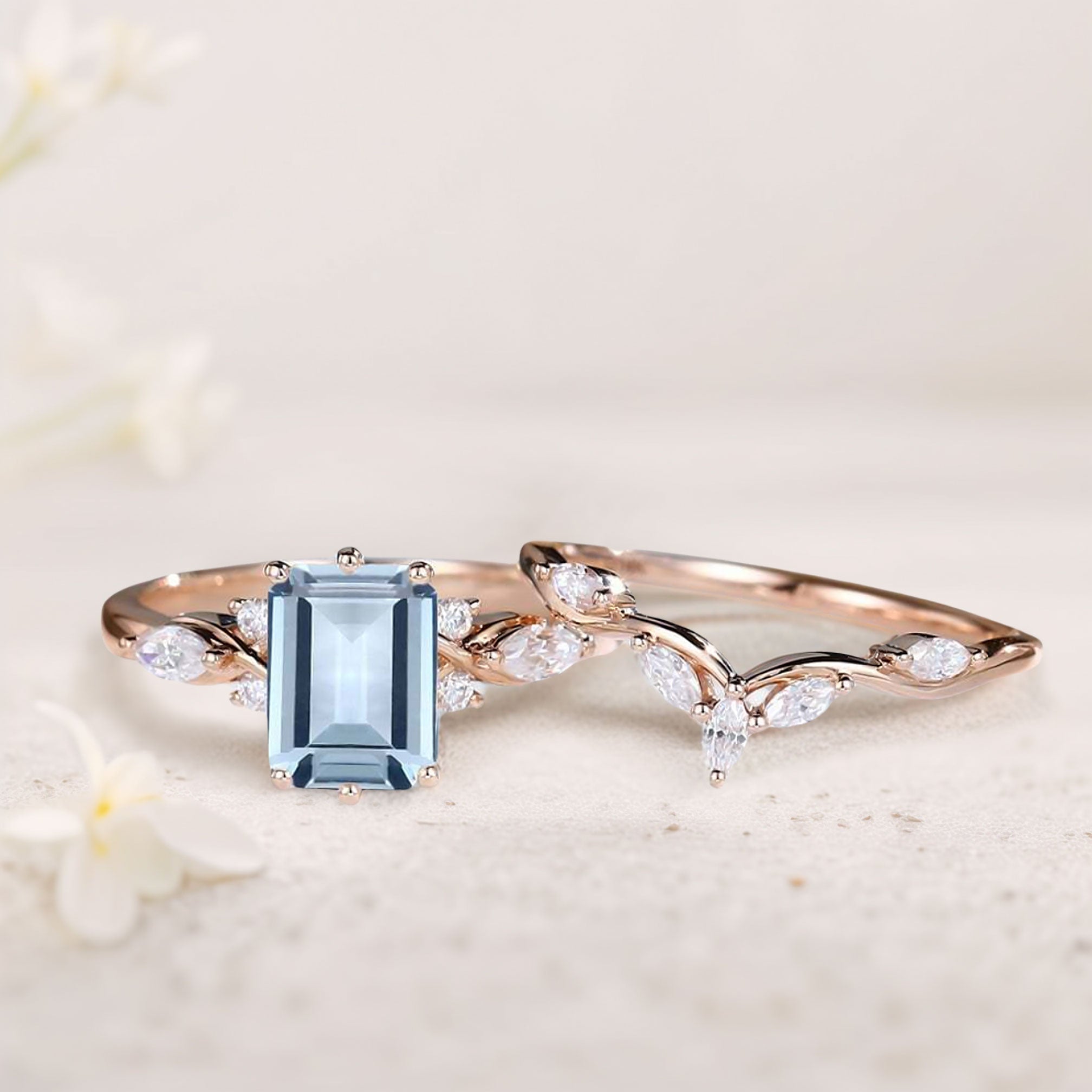 Unique Emerald Shaped Lab Aquamarine Wedding Ring Set Bridal Ring Set - Oore Jewelry