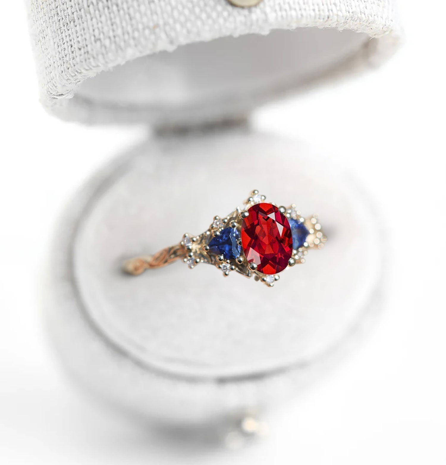 Unique Briar Rose Oval Garnet and Lab Sapphire Ring - Oore Jewelry