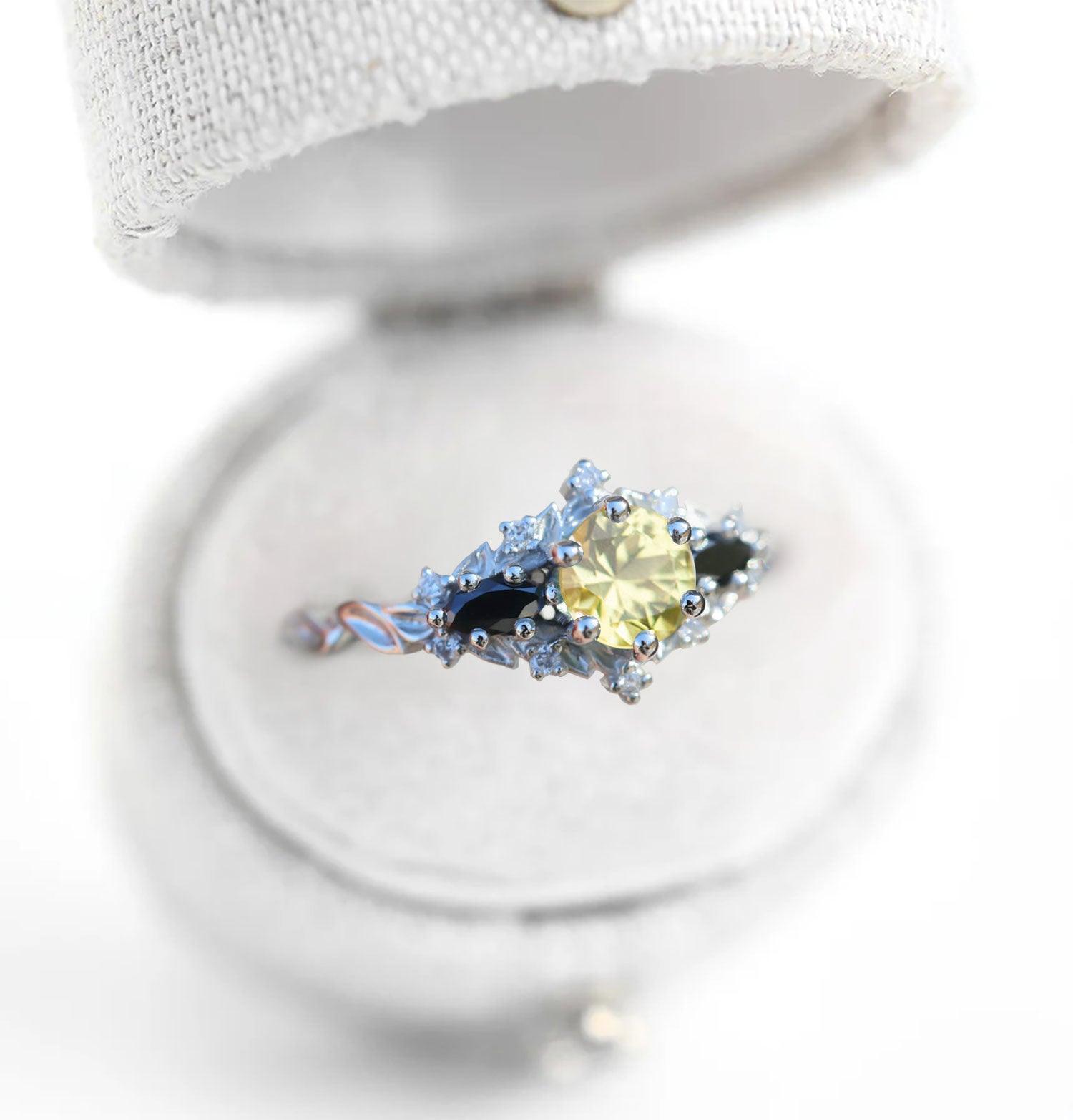 Unique Briar Rose Round Citrine and Black Moissanite Ring - Oore Jewelry