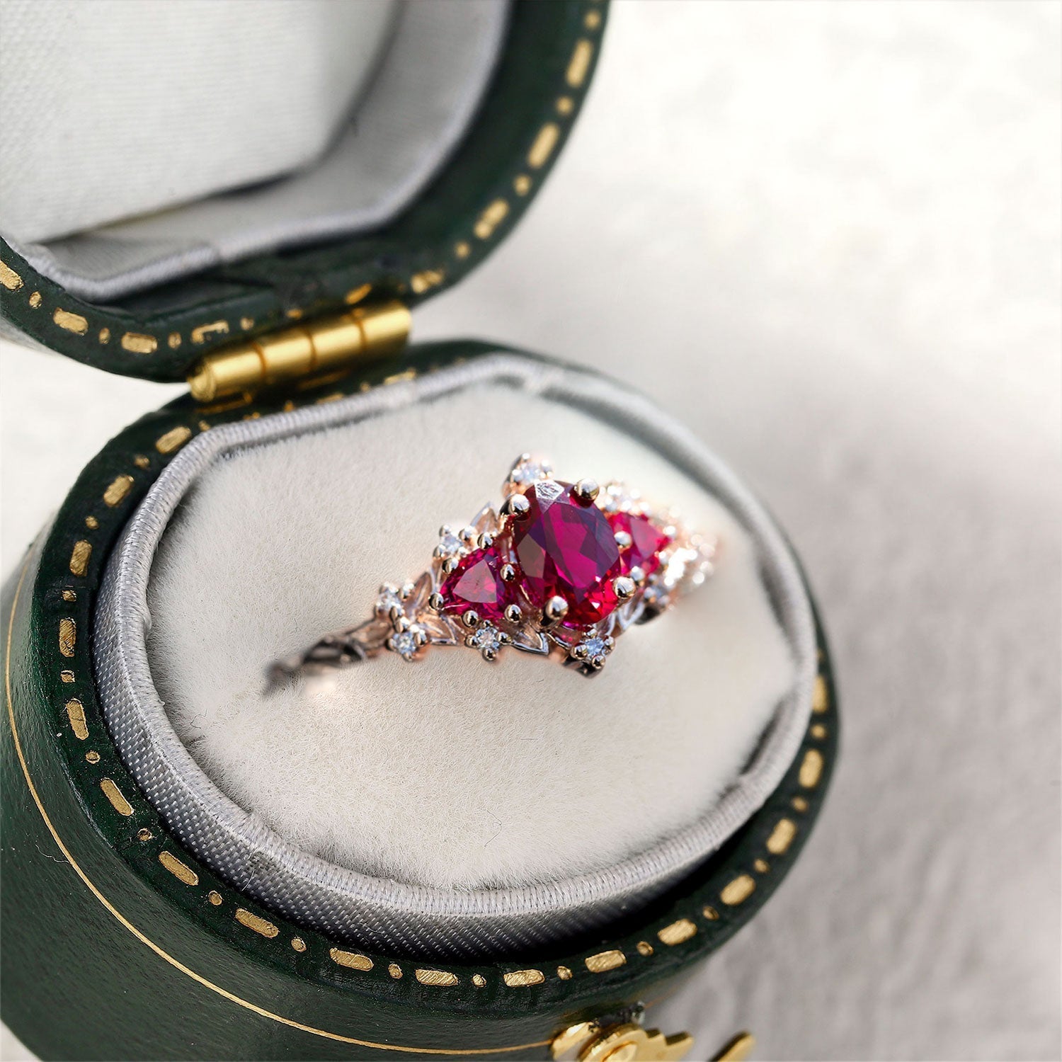 Briar Rose Three Stone Oval Lab Ruby Engagement Ring - Oore Jewelry