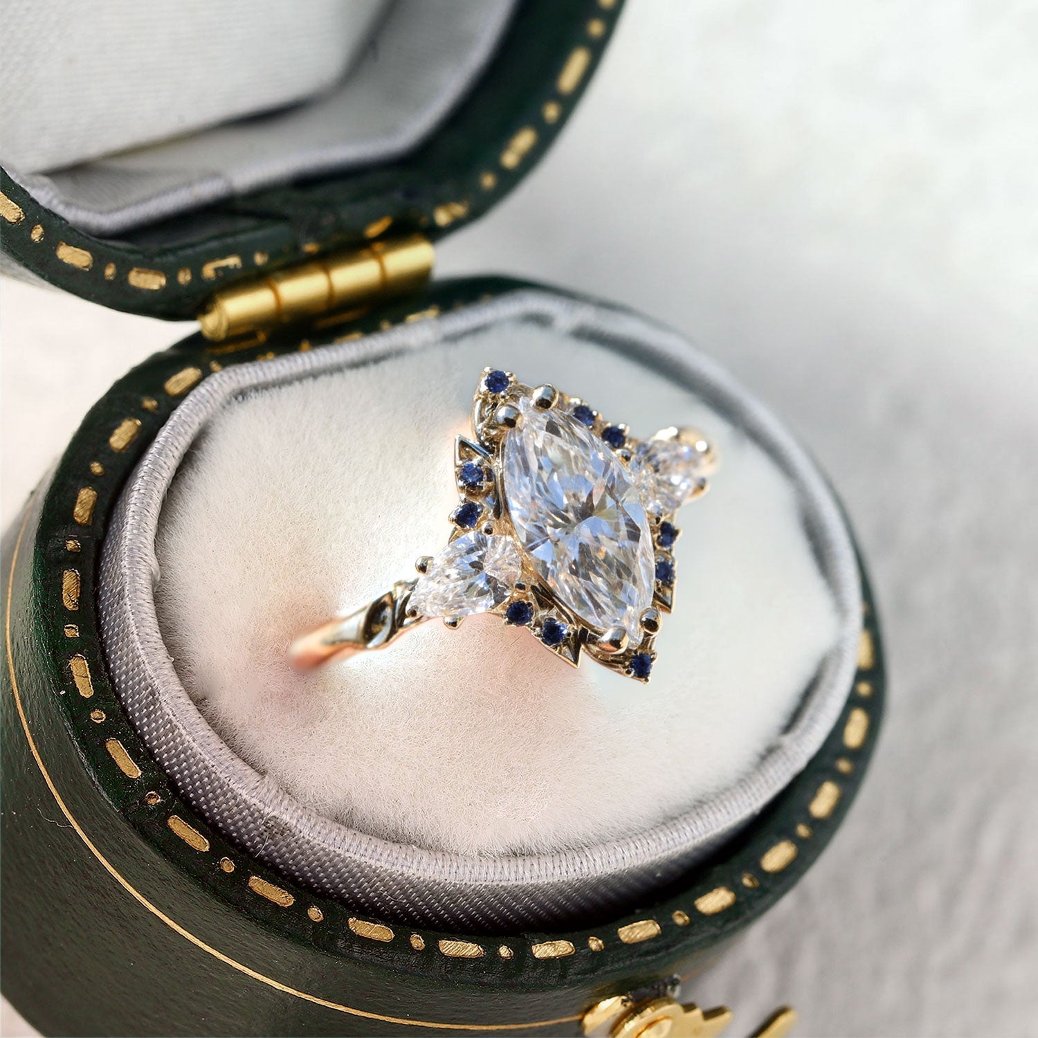 Briar Halo Marquise Moissanite and Lab Sapphire Engagement Ring - Oore Jewelry