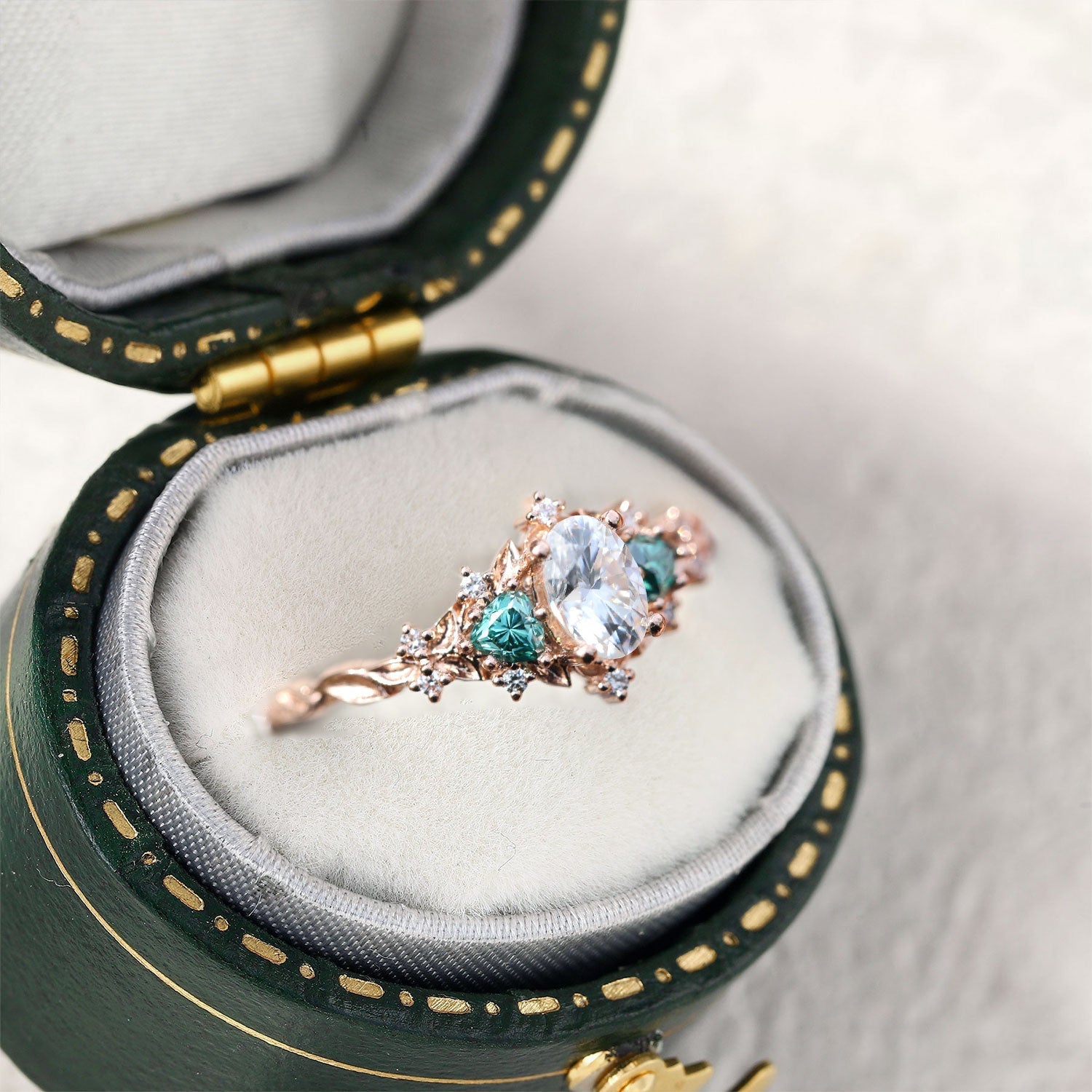 Briar Rose Three Stone Oval Teal Moissanite Engagement Ring - Oore Jewelry