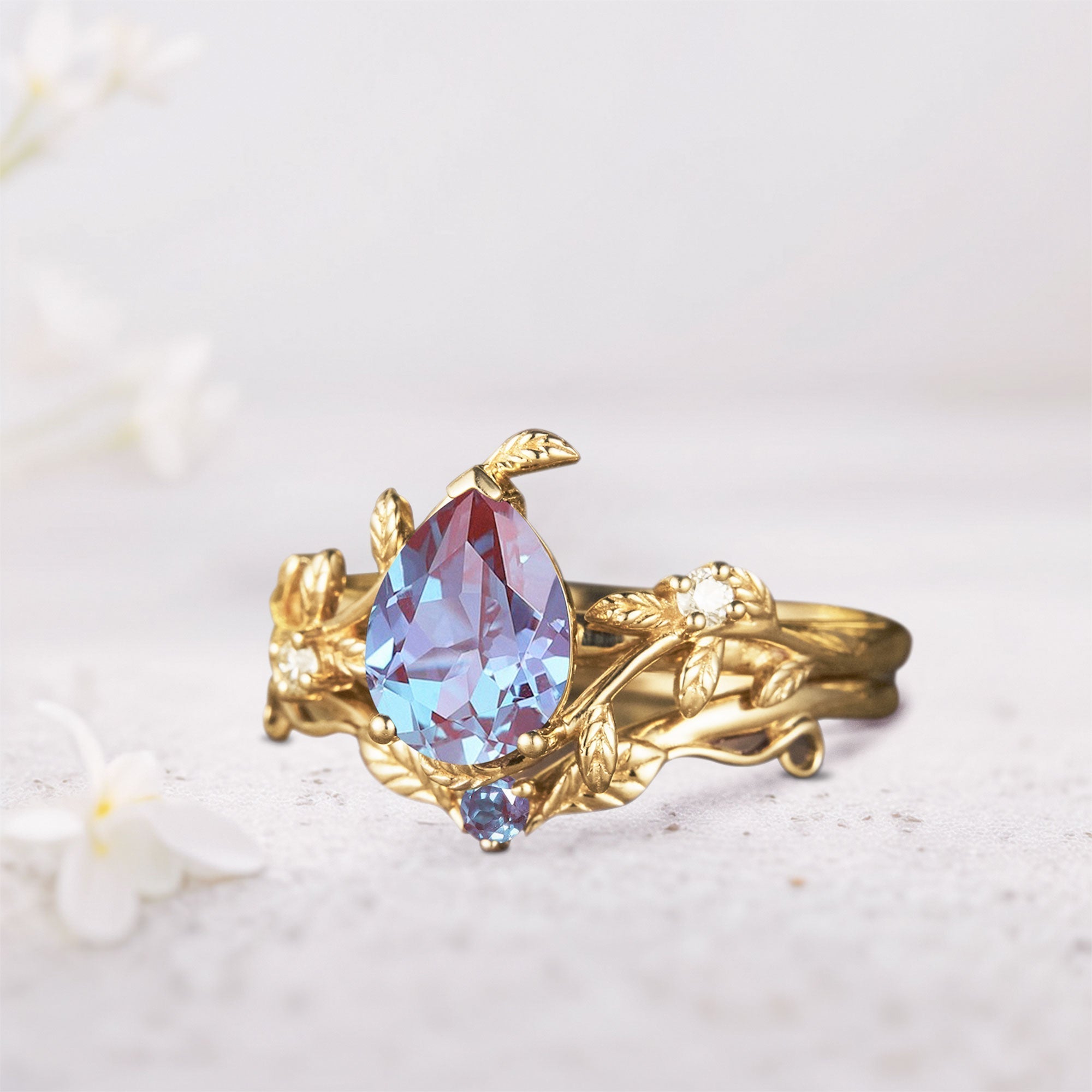 Unique Pear Lab Alexandrite Wedding Ring Set with Leaf Band - Oore Jewelry