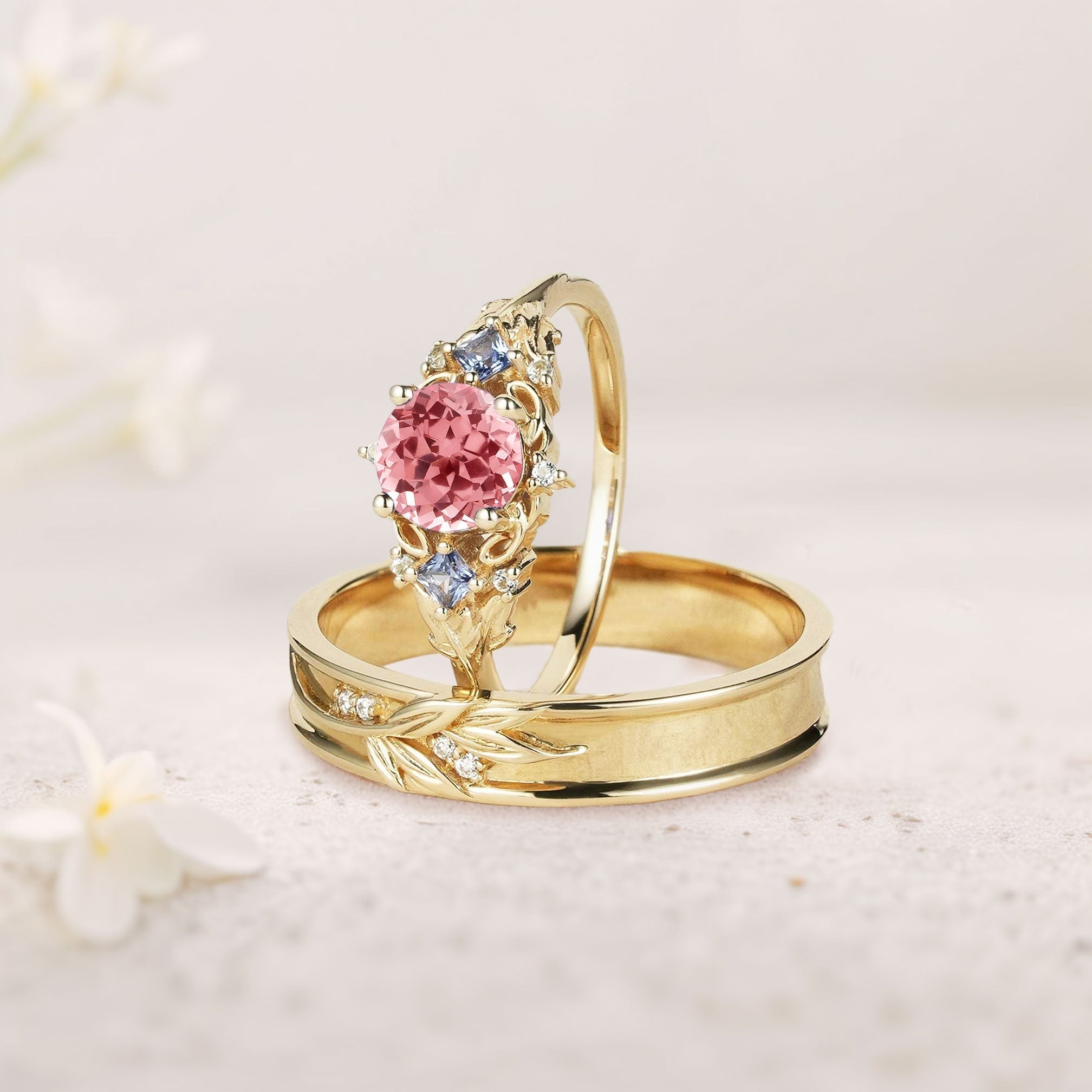 Unique Round Lab Padparadscha Promise Ring Engagement Ring Set for Couples - Oore Jewelry