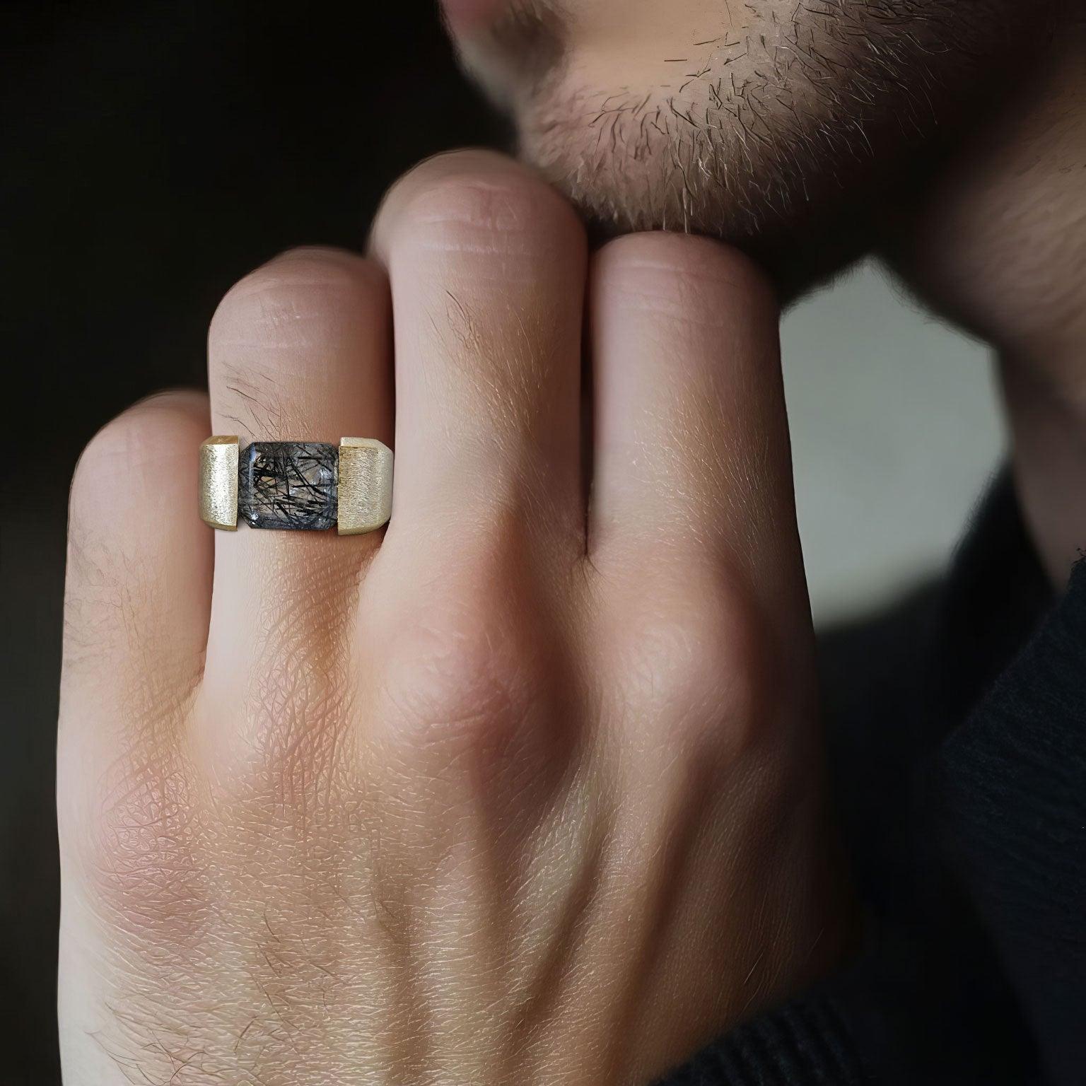 Unique Robo Emerald Lab Black Rutilated Quartz Ring Band For Men - Oore Jewelry