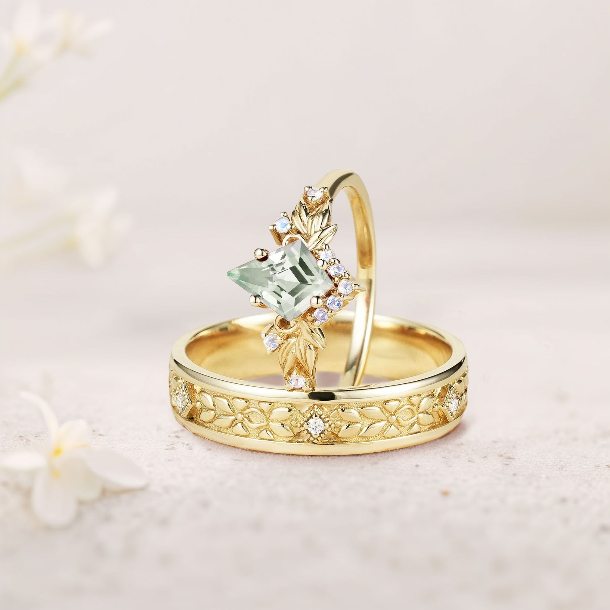 Vintage Kite Green Lab Sapphire Promise Ring Engagement Ring Set for Couples - Oore Jewelry