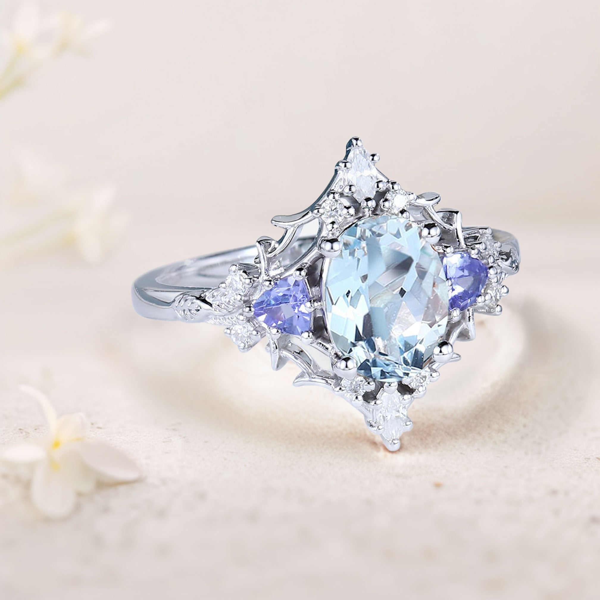 Vintage Briar Rose Oval Lab Aquamarine Engagement Ring Filigree Ring - Oore Jewelry