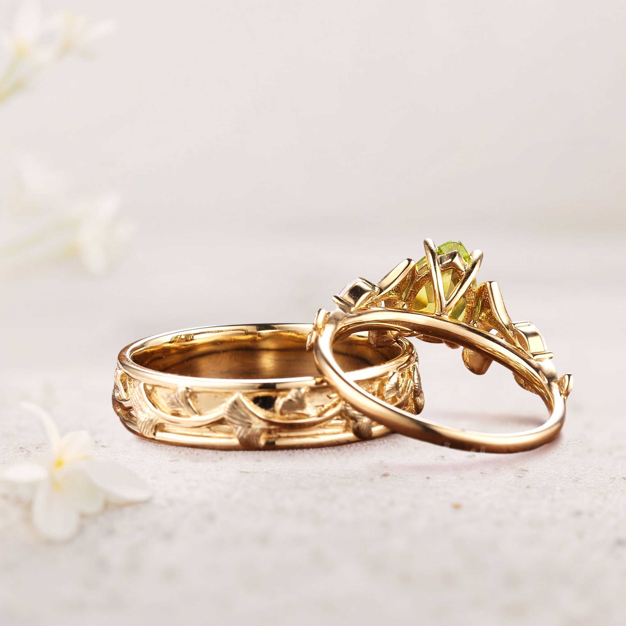 Unique Pear Citrine Couple Promise Engagement Ring Wedding Ring Set - Oore Jewelry