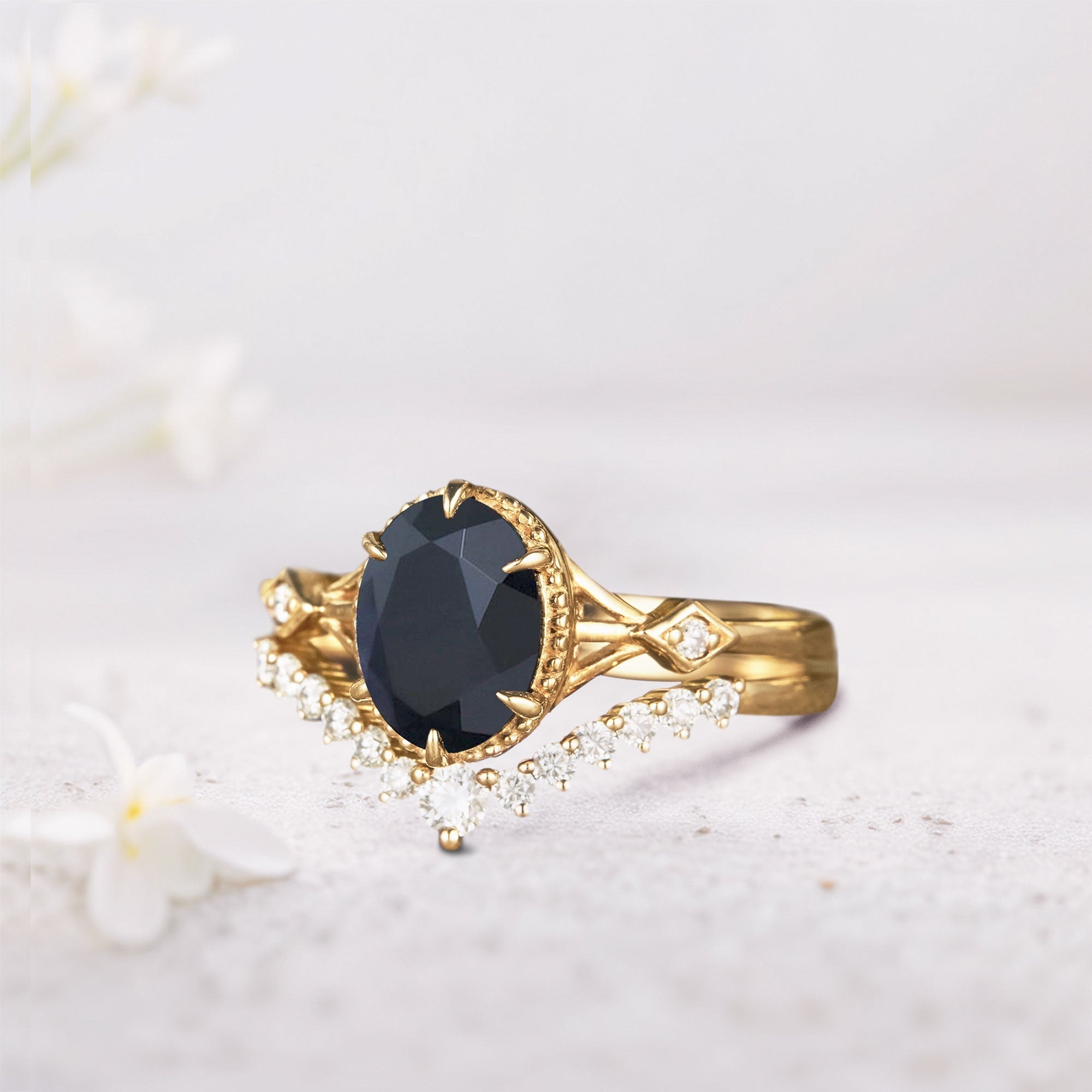 Vintage Oval Black Onyx and Moissanite Bridal Set - Oore Jewelry