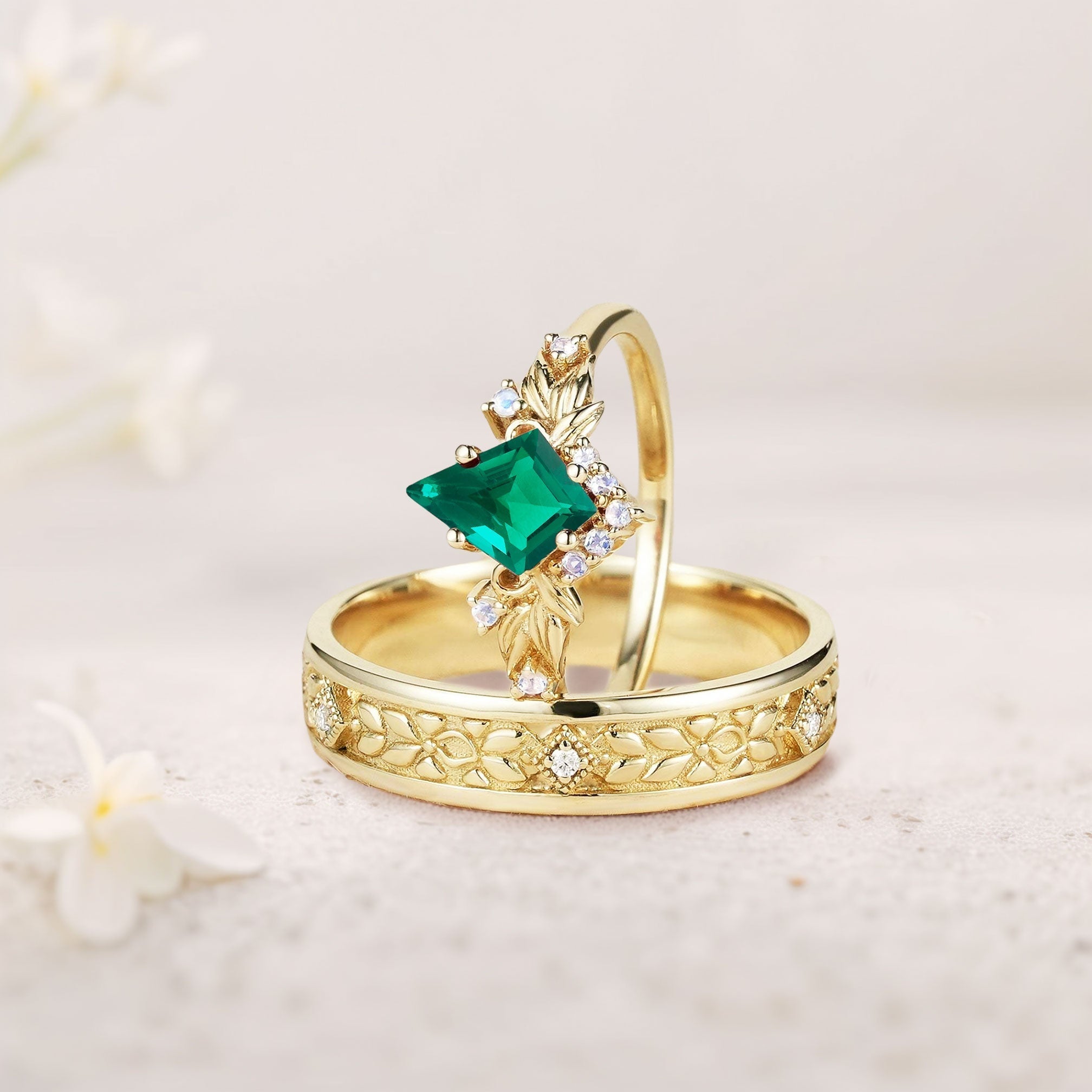 Vintage Kite Lab Emerald Promise Ring Engagement Ring Set for Couples - Oore Jewelry