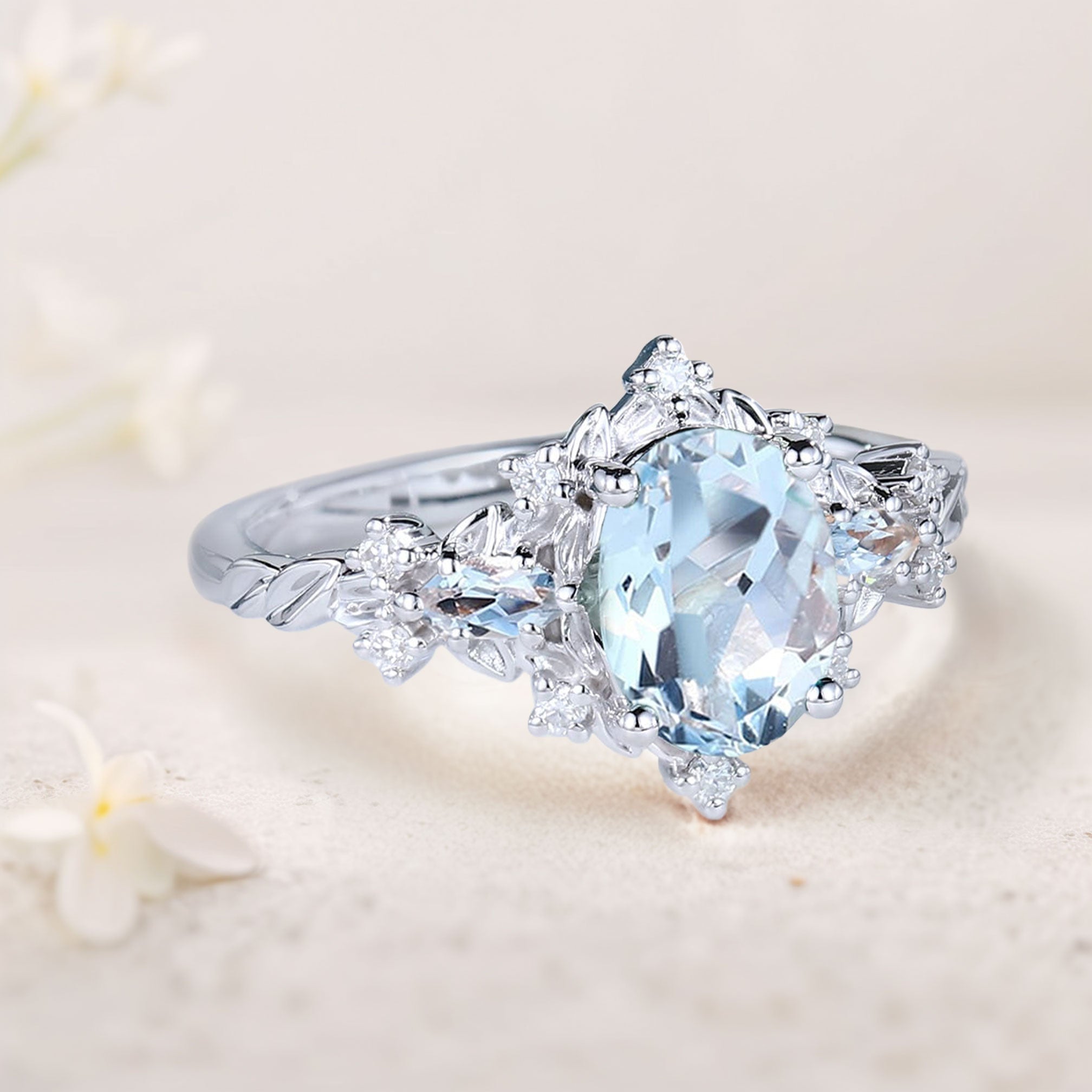 Vintage Briar Rose Oval Lab Aquamarine Engagement Ring Vine Ring - Oore Jewelry