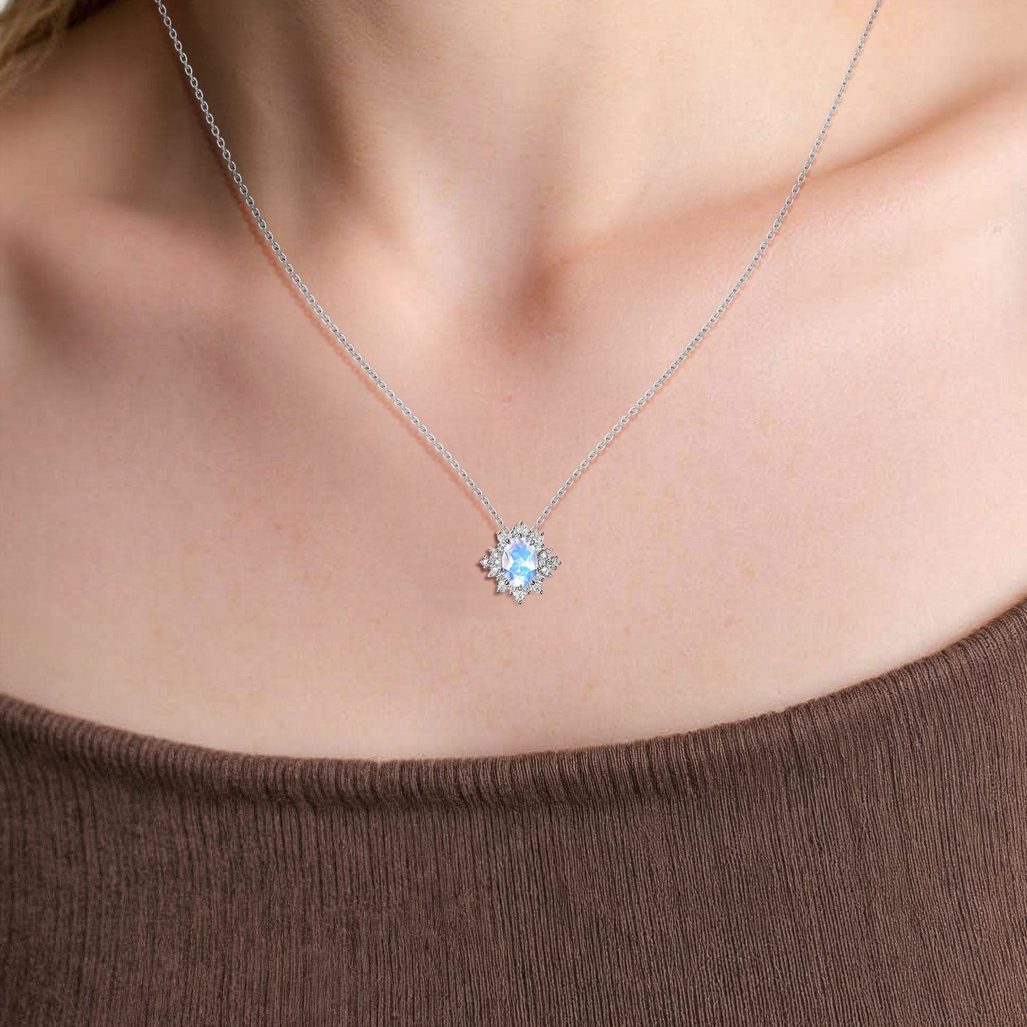 Unique Cluster Halo Oval Lab Moonstone and Moissanite Pendant Necklace - Oore Jewelry