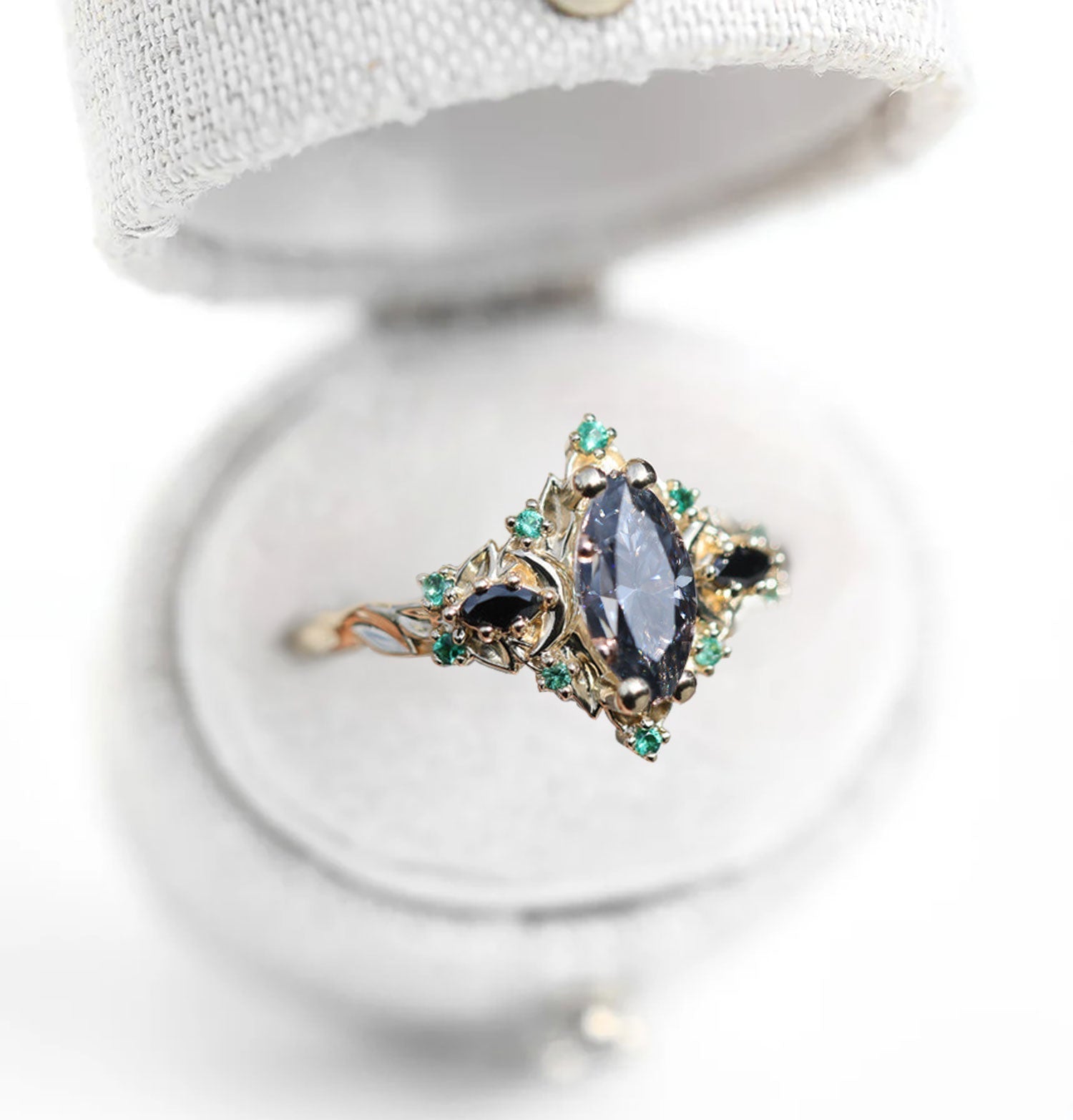 Unique Briar Moon Three Stone Marquise Grey Moissanite and Lab Emerald Ring - Oore Jewelry