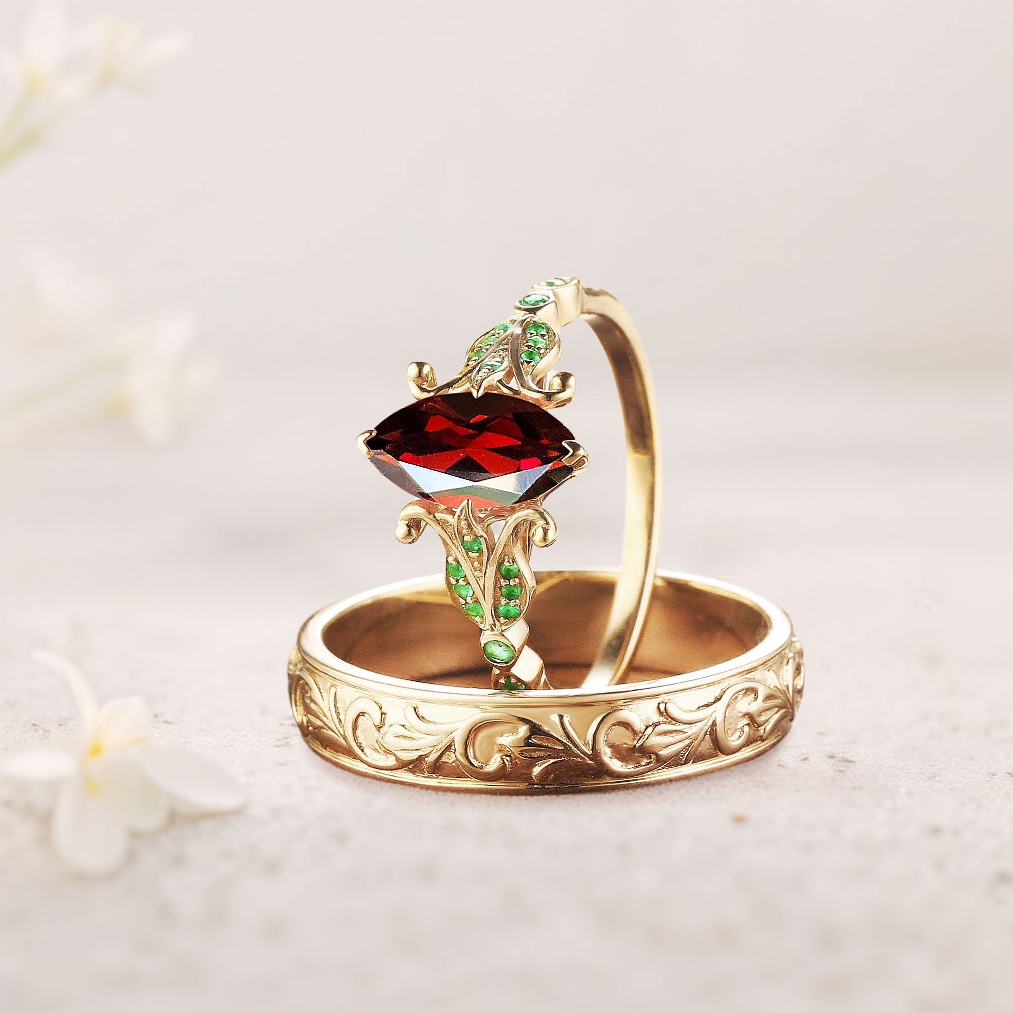 Unique Marquise Garnet Eternity Wedding Band Set Couple Rings Set - Oore Jewelry
