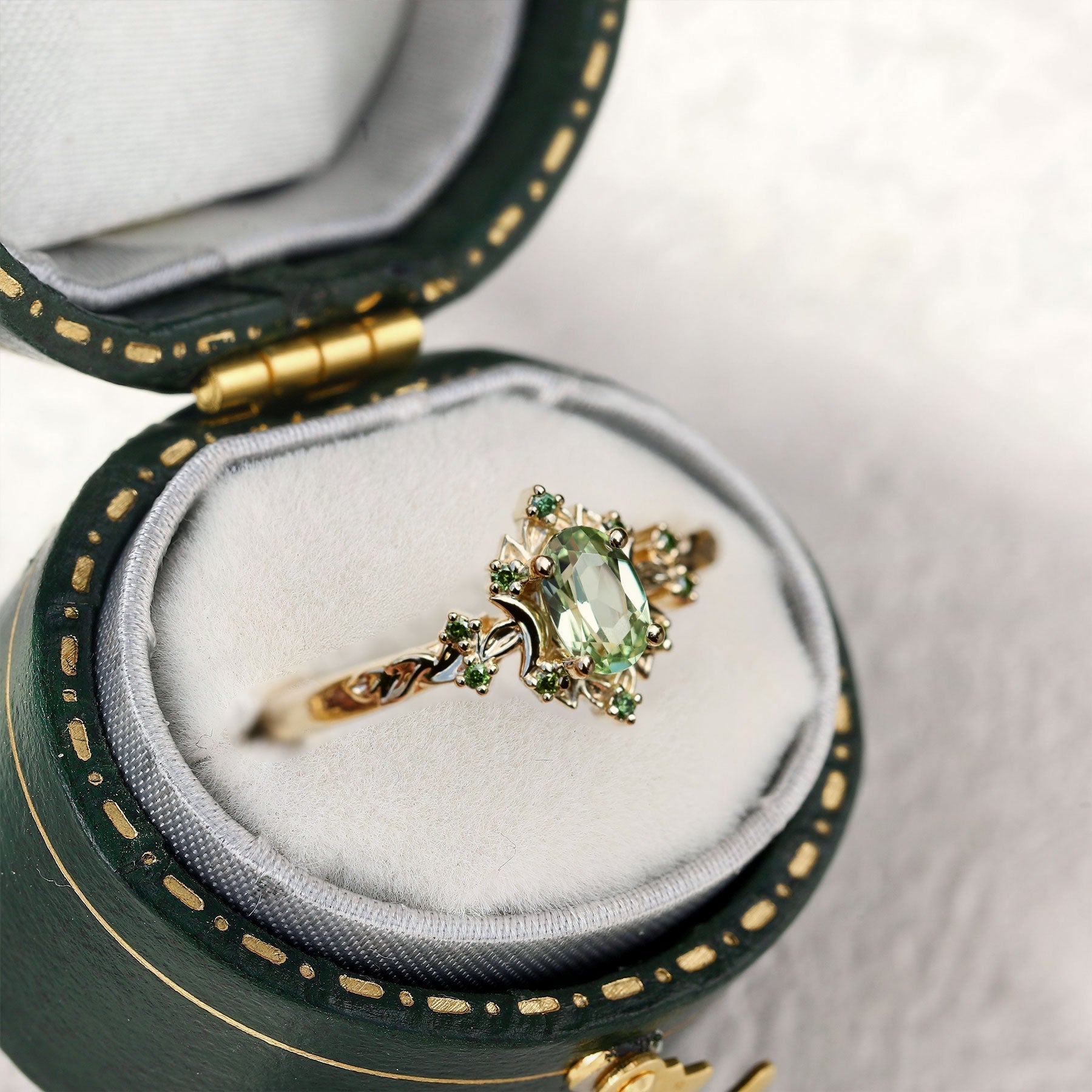 Unique Briar Rose Halo Moon Oval Green Lab Sapphire Ring - Oore Jewelry