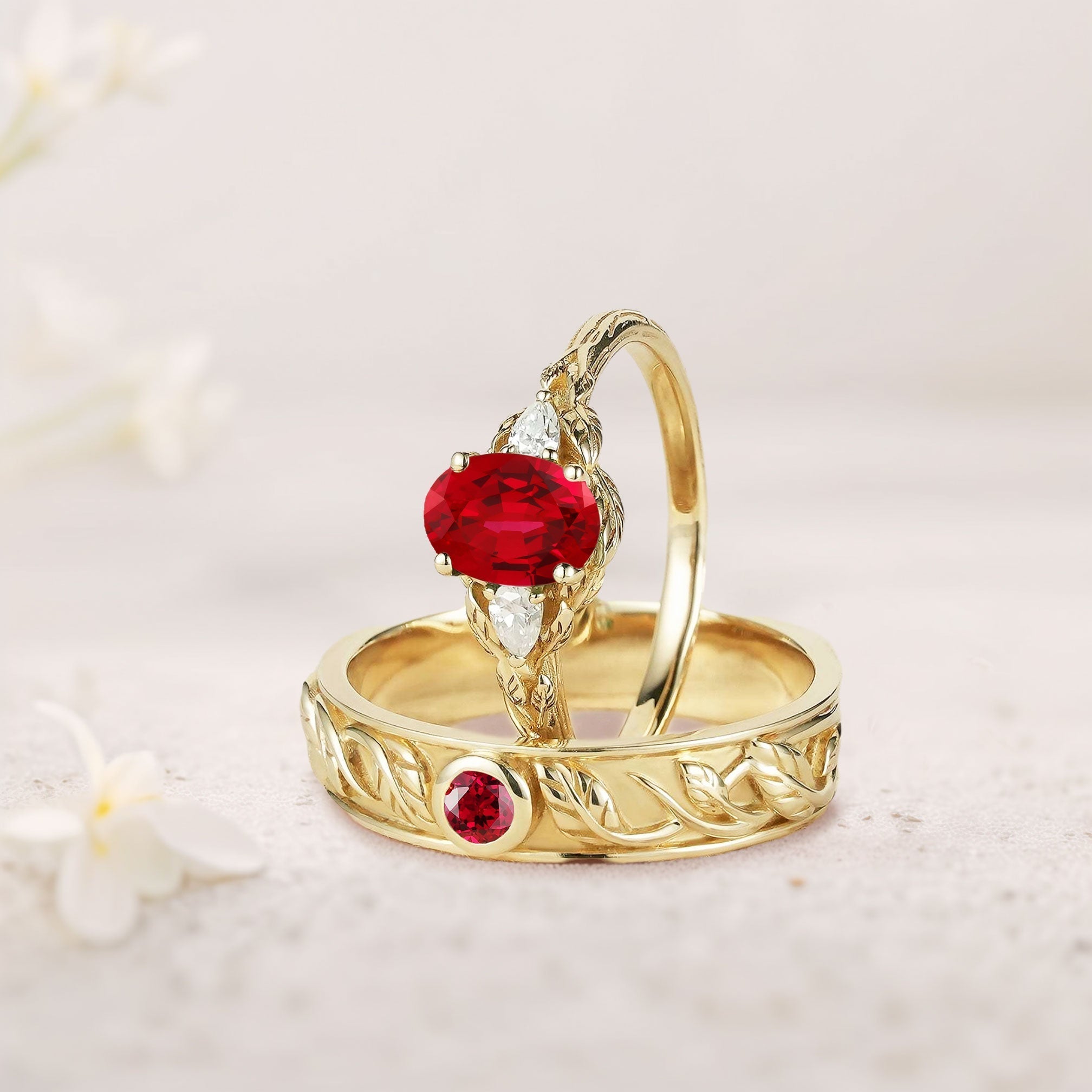 Unique Leaf Design Oval Lab Ruby and Moissanite Wedding Ring Promise Ring for Couples - Oore Jewelry