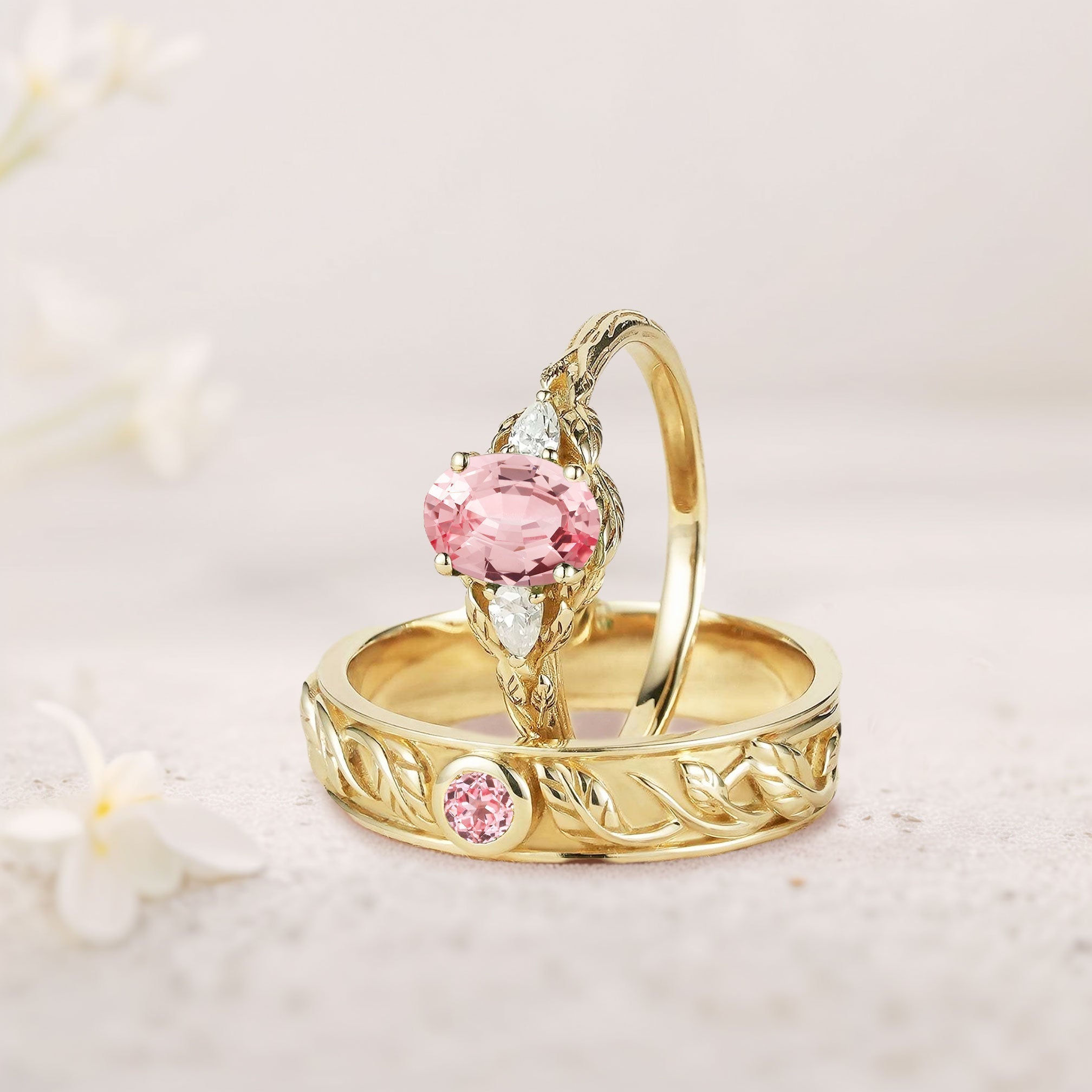 Unique Leaf Design Oval Lab Padparadscha and Moissanite Wedding Ring Promise Ring for Couples - Oore Jewelry