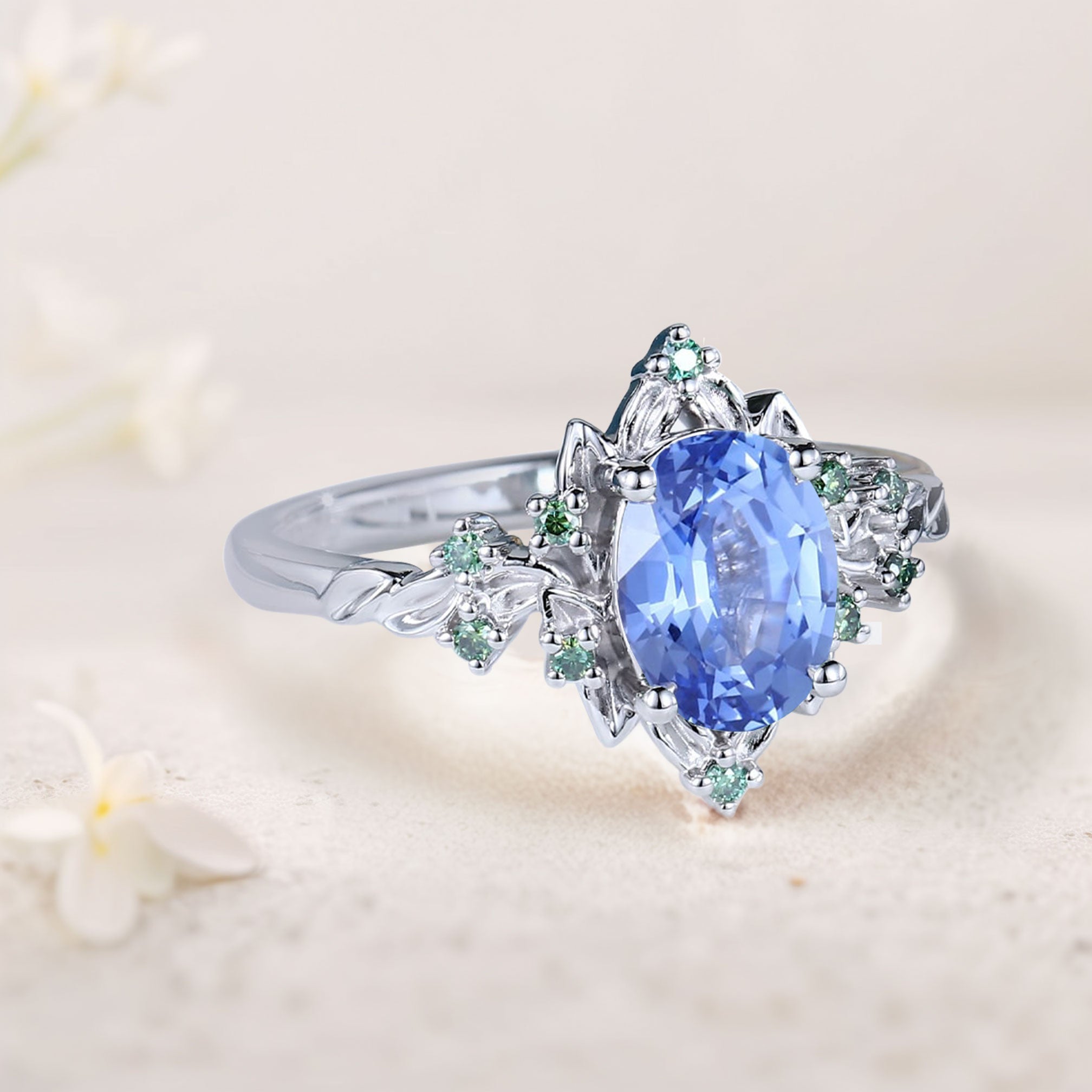 Vintage Briar Rose Oval Lab Sapphire Engagement Ring Olive Leaves Ring - Oore Jewelry