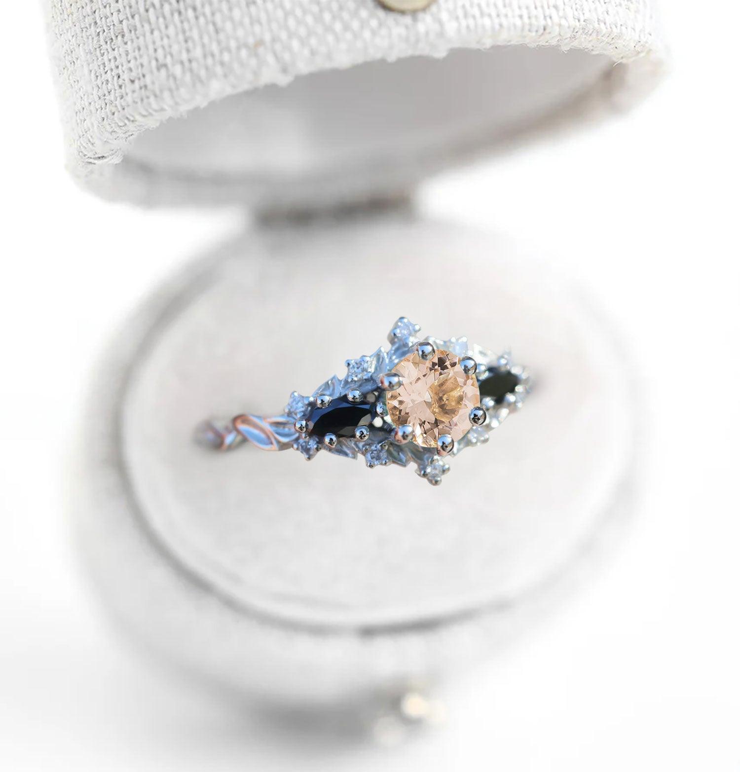 Unique Briar Rose Round Lab Morganite and Black Moissanite Ring - Oore Jewelry