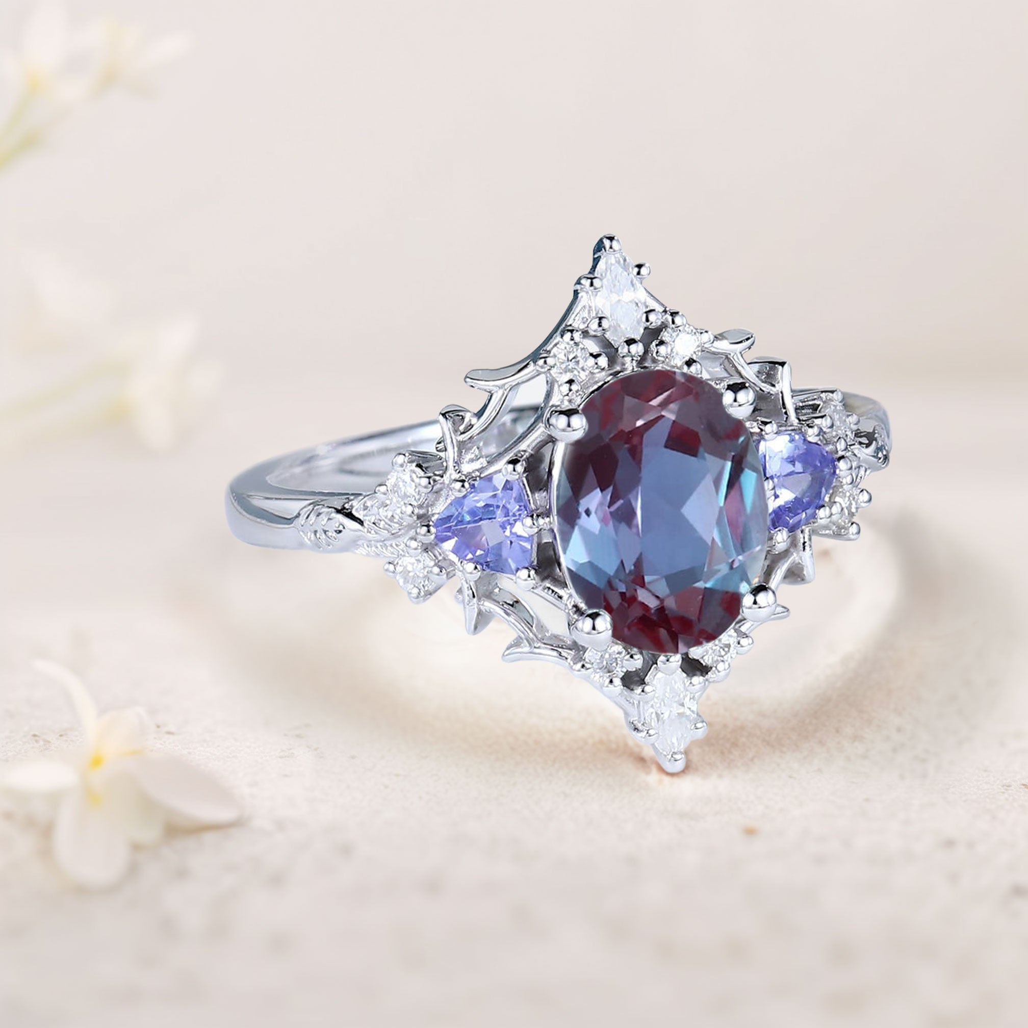 Vintage Briar Rose Oval Lab Alexandrite Engagement Ring Filigree Ring - Oore Jewelry