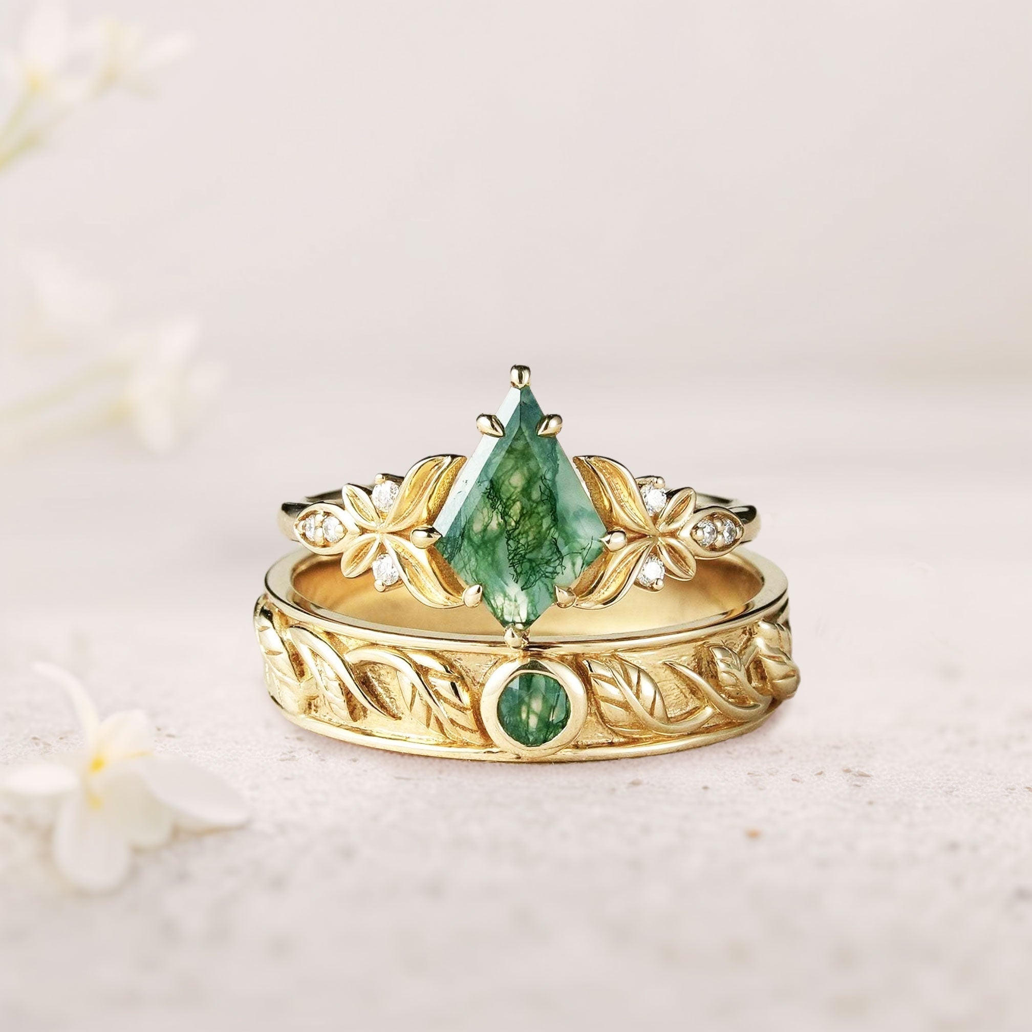 Unique Kite Moss agate Promise Engagement Ring Wedding Ring Set For Couples - Oore Jewelry
