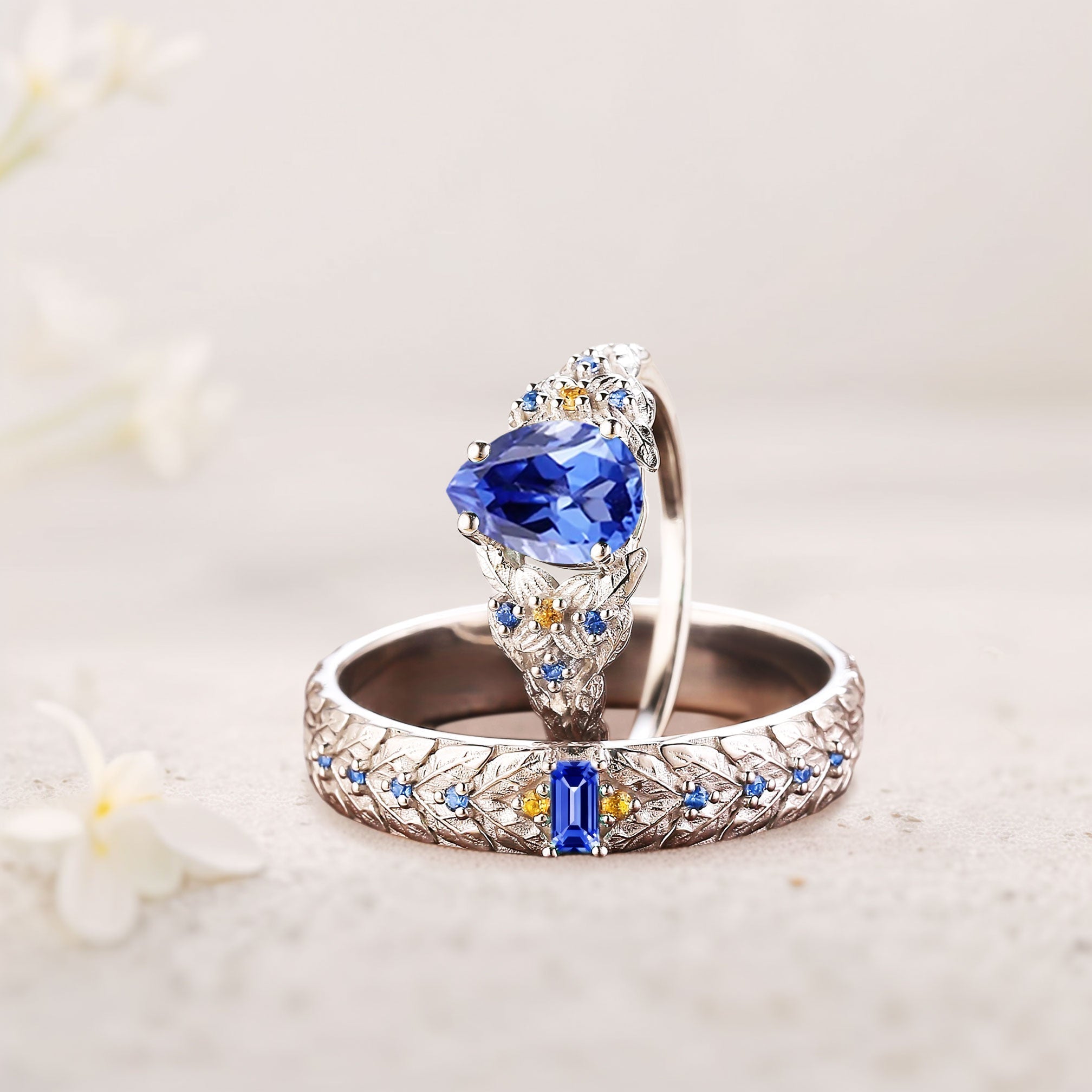 Unique Pear Lab Sapphire His and Hers Matching Wedding Ring Set - Oore Jewelry