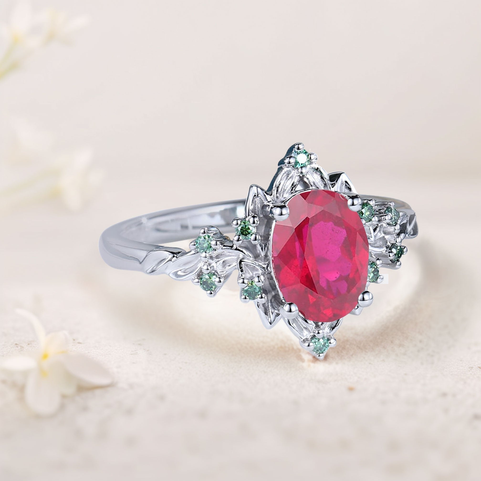 Vintage Briar Rose Oval Lab Ruby Engagement Ring Olive Leaves Ring - Oore Jewelry