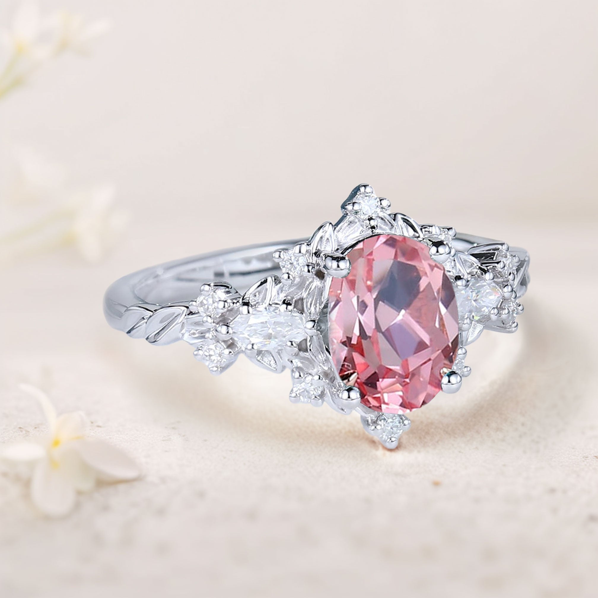 Vintage Briar Rose Oval Pink Lab Padparadscha Engagement Ring Vine Ring - Oore Jewelry