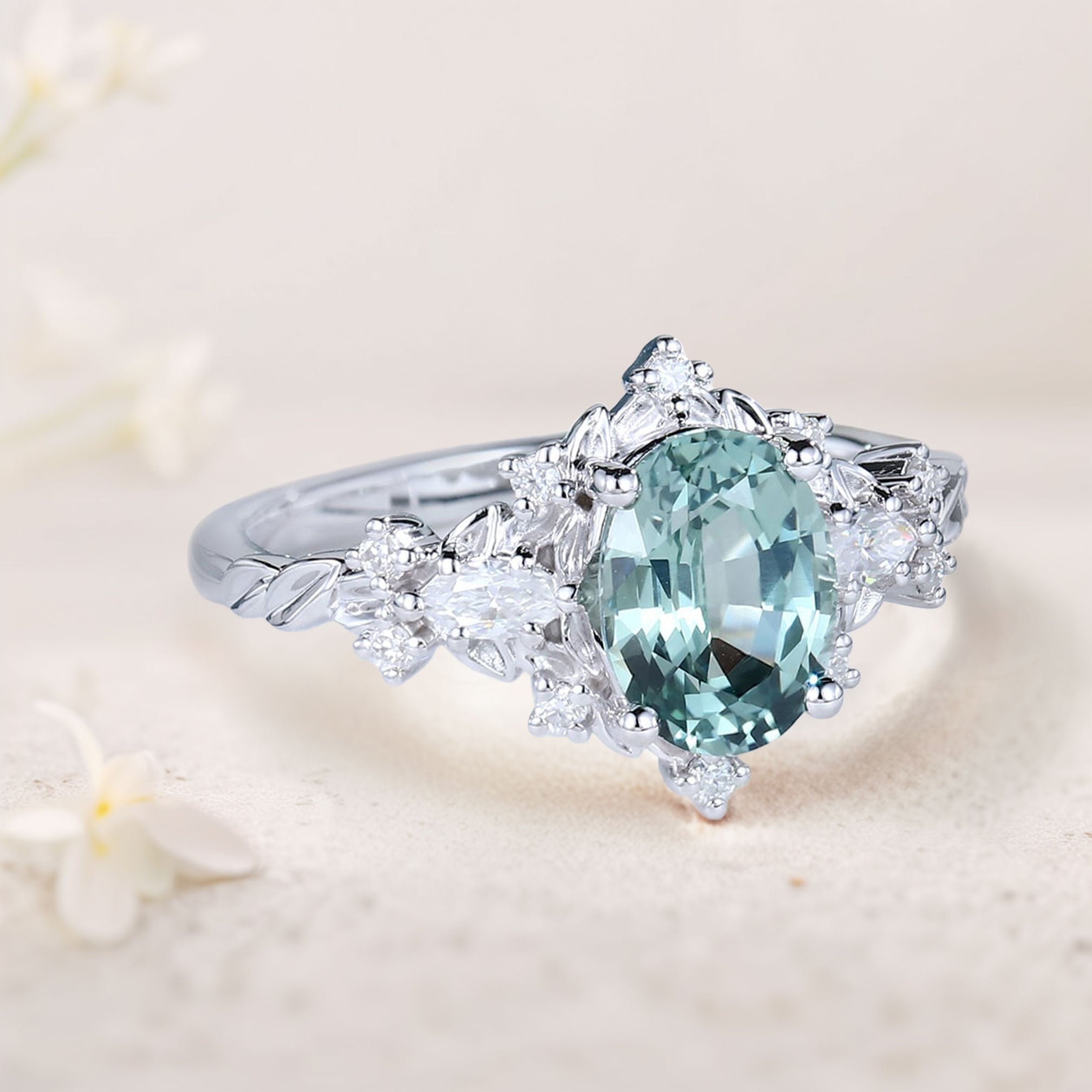 Vintage Briar Rose Oval Green Lab Sapphire Engagement Ring Vine Ring - Oore Jewelry