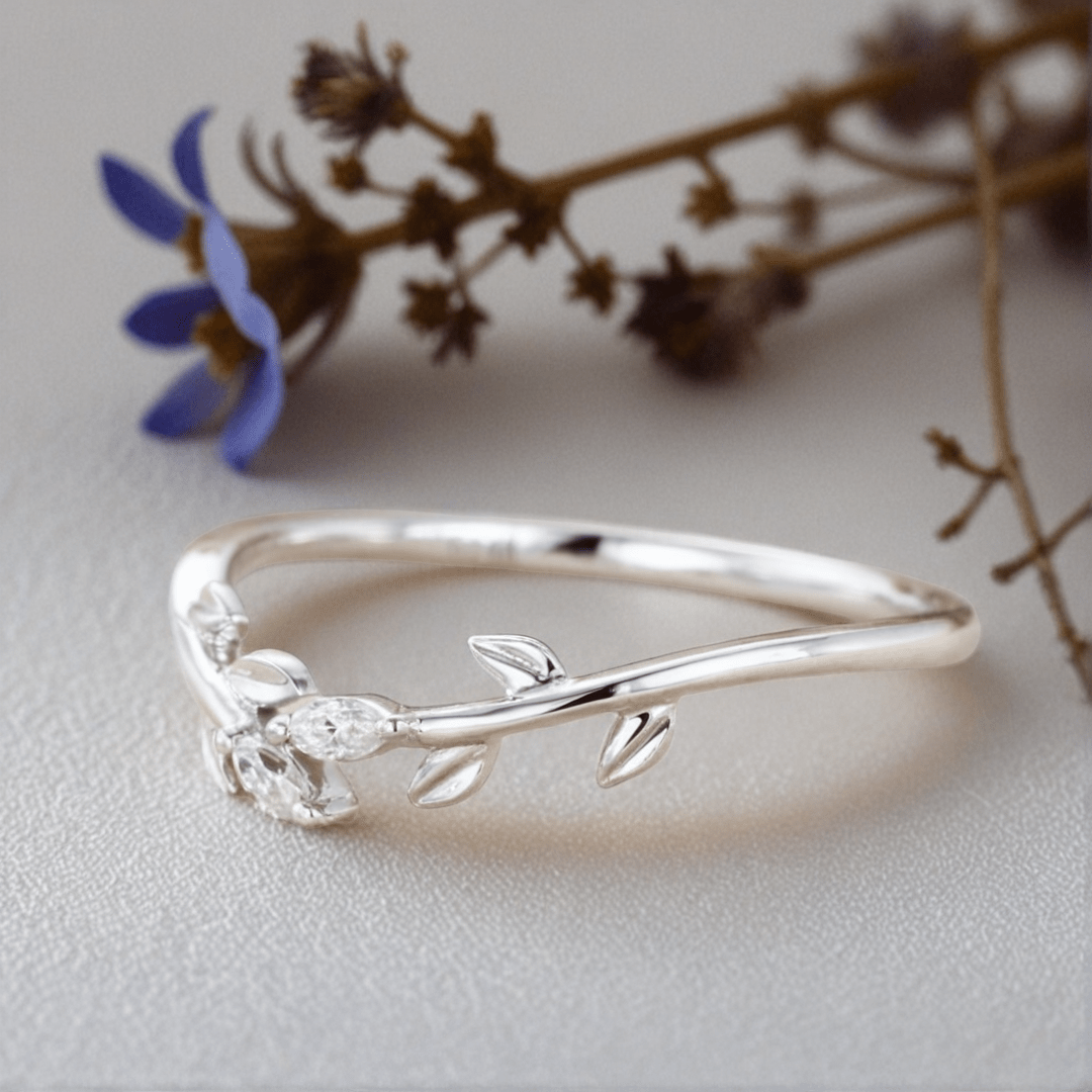 Unique Marquise Moissanite Wedding Band Leaf Moissanite Engagement Ring - Oore Jewelry