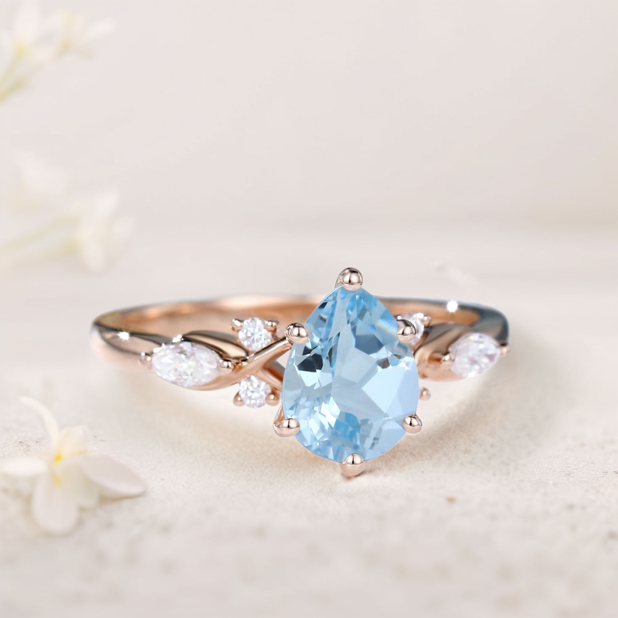 Vintage Pear Lab Aquamarine and Moissanite Split Shank Engagement Ring - Oore Jewelry