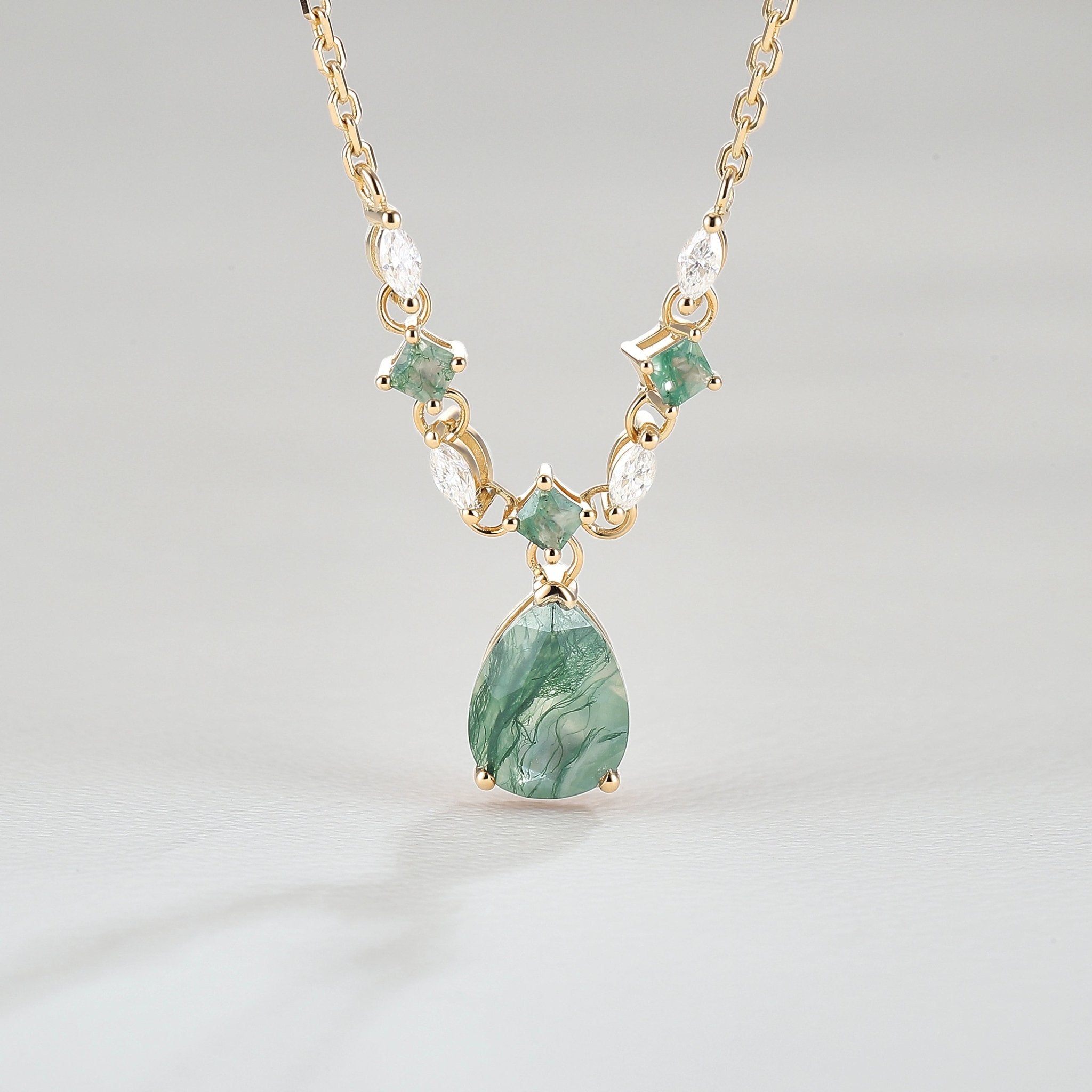 Unique Cluster Pear Cut Moss Agate and Moissanite Necklace - Oore Jewelry
