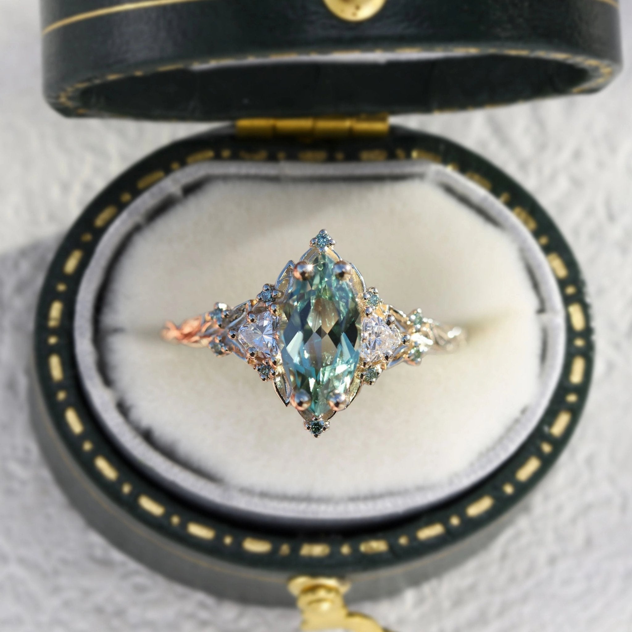 Unique Three Stone Marquise Green Lab Sapphire and Moissanite Ring - Oore Jewelry