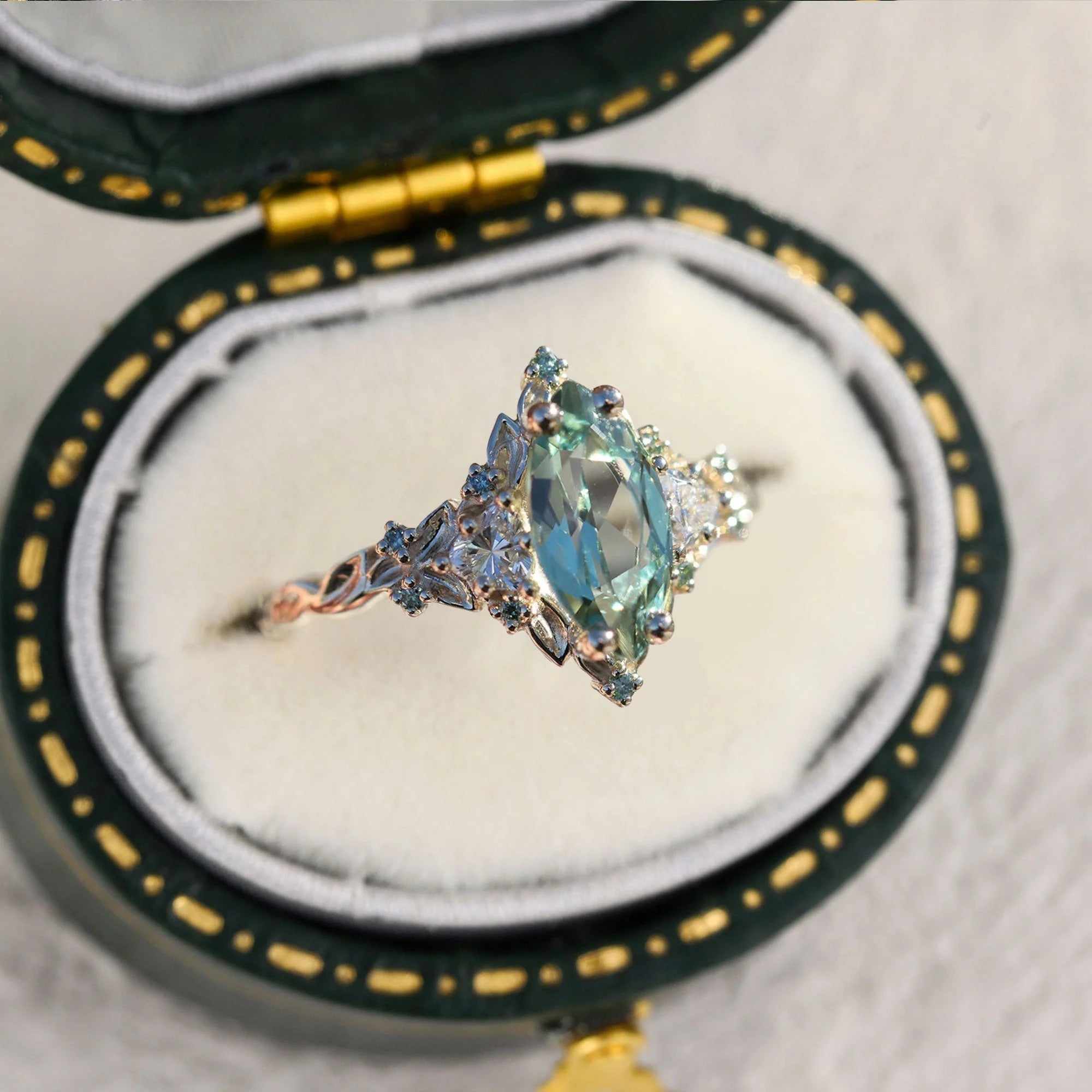 Unique Three Stone Marquise Green Lab Sapphire and Moissanite Ring - Oore Jewelry