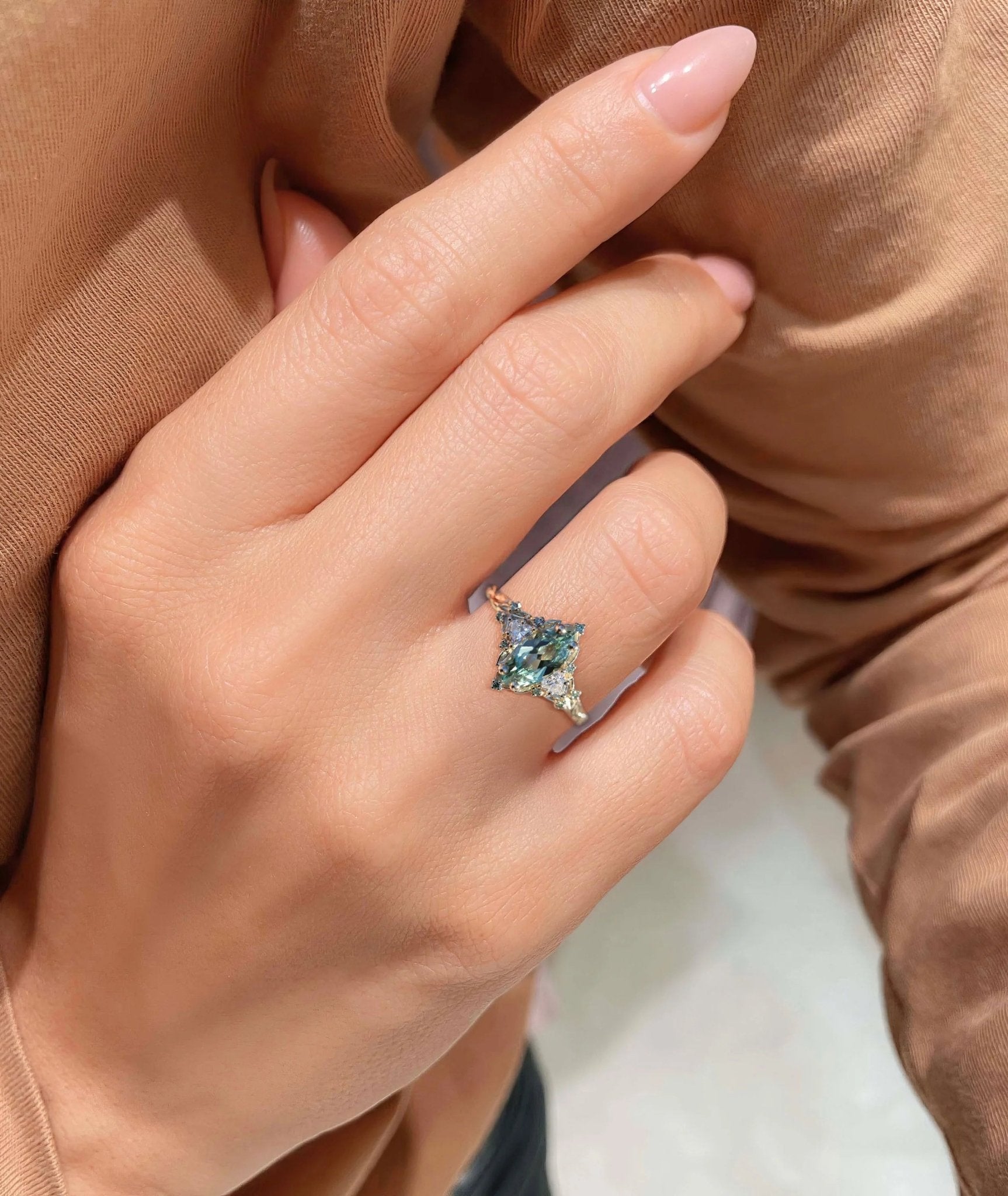 Unique Three Stone Marquise Green Lab Sapphire and Moissanite Ring - Oore Jewelry