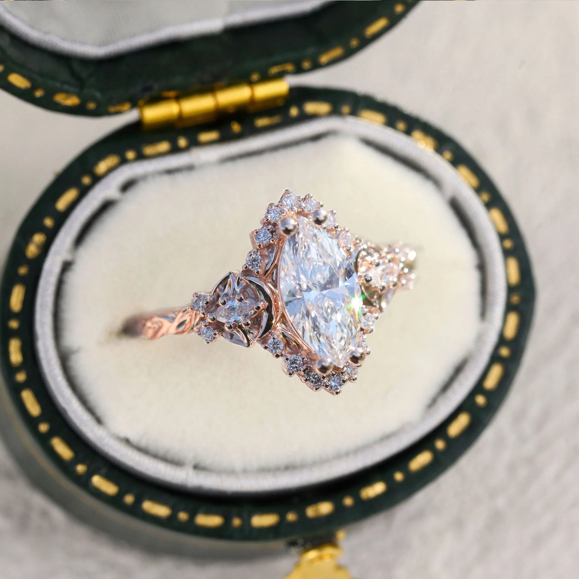 Unique floral engagement rings Moon three stone Half Halo Marquise Moissanite Ring - Oore Jewelry